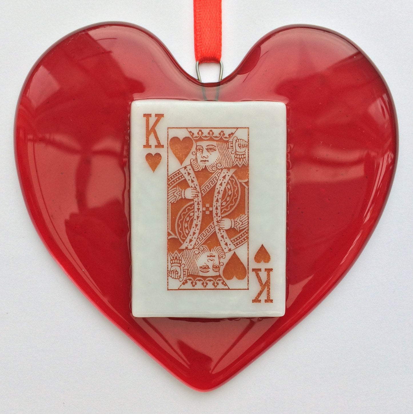 Handmade fused glass Red King / Queen Of Hearts / Diamonds Hanging Decoration. Valentine suncatcher gift. Romantic, love, message from the heart present. Girlfriend, boyfriend, partner, husband, wife, Mum, Dad, friend. Playing card deck.