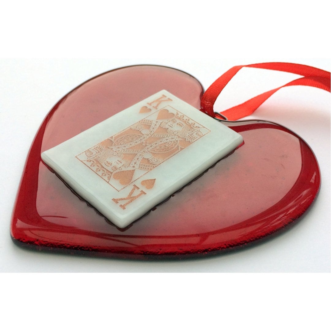 Handmade fused glass Red King / Queen Of Hearts / Diamonds Hanging Decoration. Valentine suncatcher gift. Romantic, love, message from the heart present. Girlfriend, boyfriend, partner, husband, wife, Mum, Dad, friend. Playing card deck.