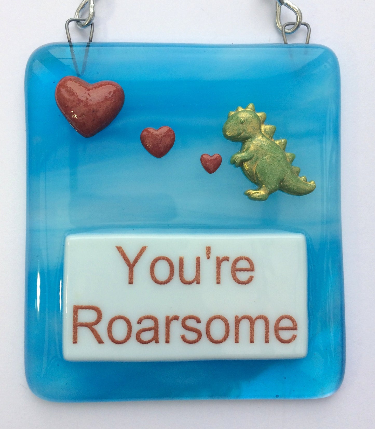 Handmade fused glass Awesome Roarsome Dinosaur Hanging Decoration. Valentine suncatcher gift. Romantic, love, message from the heart present. Girlfriend, boyfriend, partner, husband, wife.