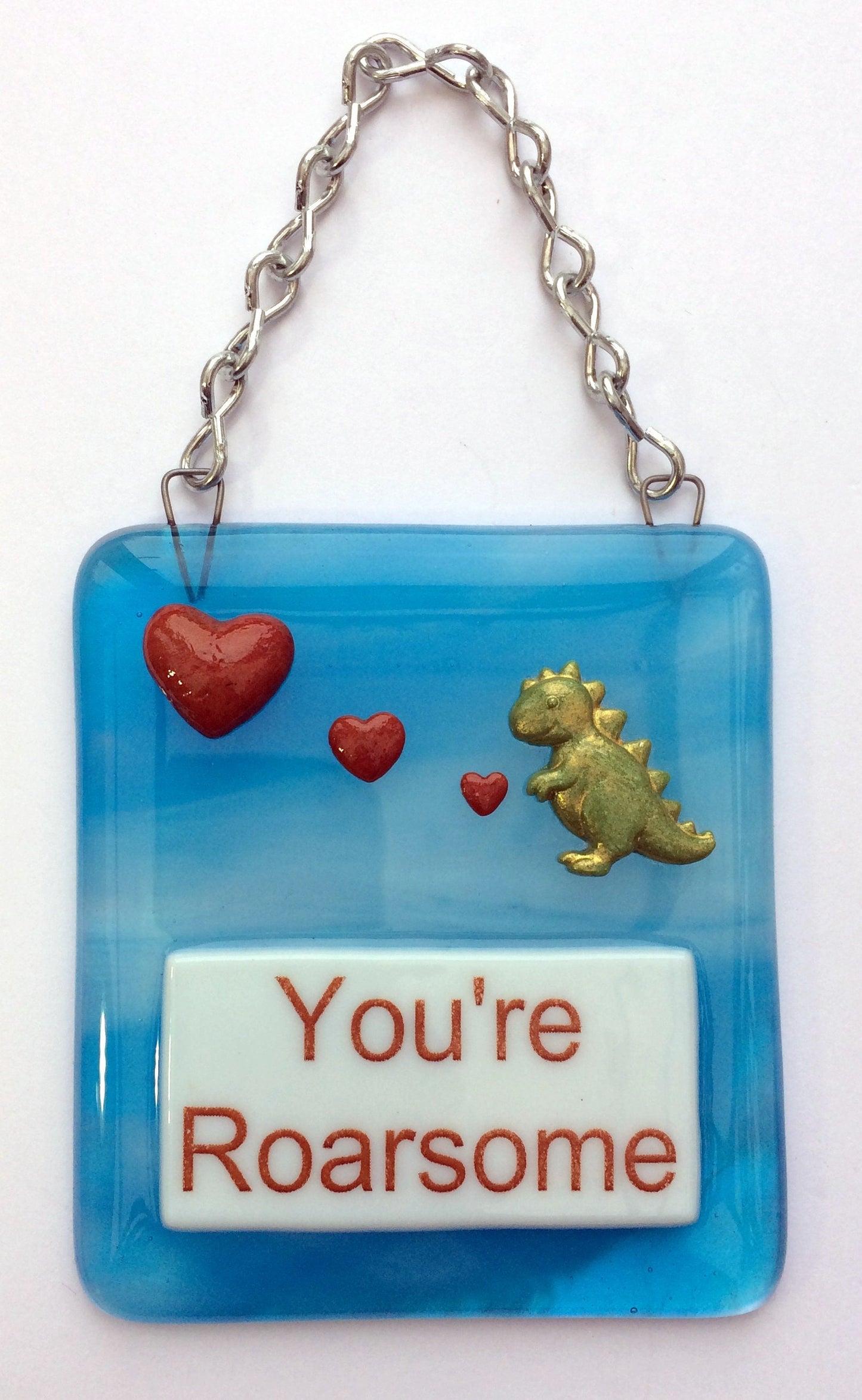 Handmade fused glass Awesome Roarsome Dinosaur Hanging Decoration. Valentine suncatcher gift. Romantic, love, message from the heart present. Girlfriend, boyfriend, partner, husband, wife.