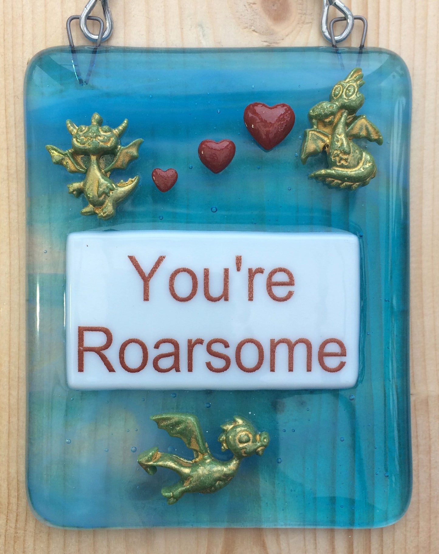 Handmade fused glass Awesome Roarsome Dragon Hanging Decoration. Valentine suncatcher gift. Romantic, love, message from the heart present. Girlfriend, boyfriend, partner, husband, wife.