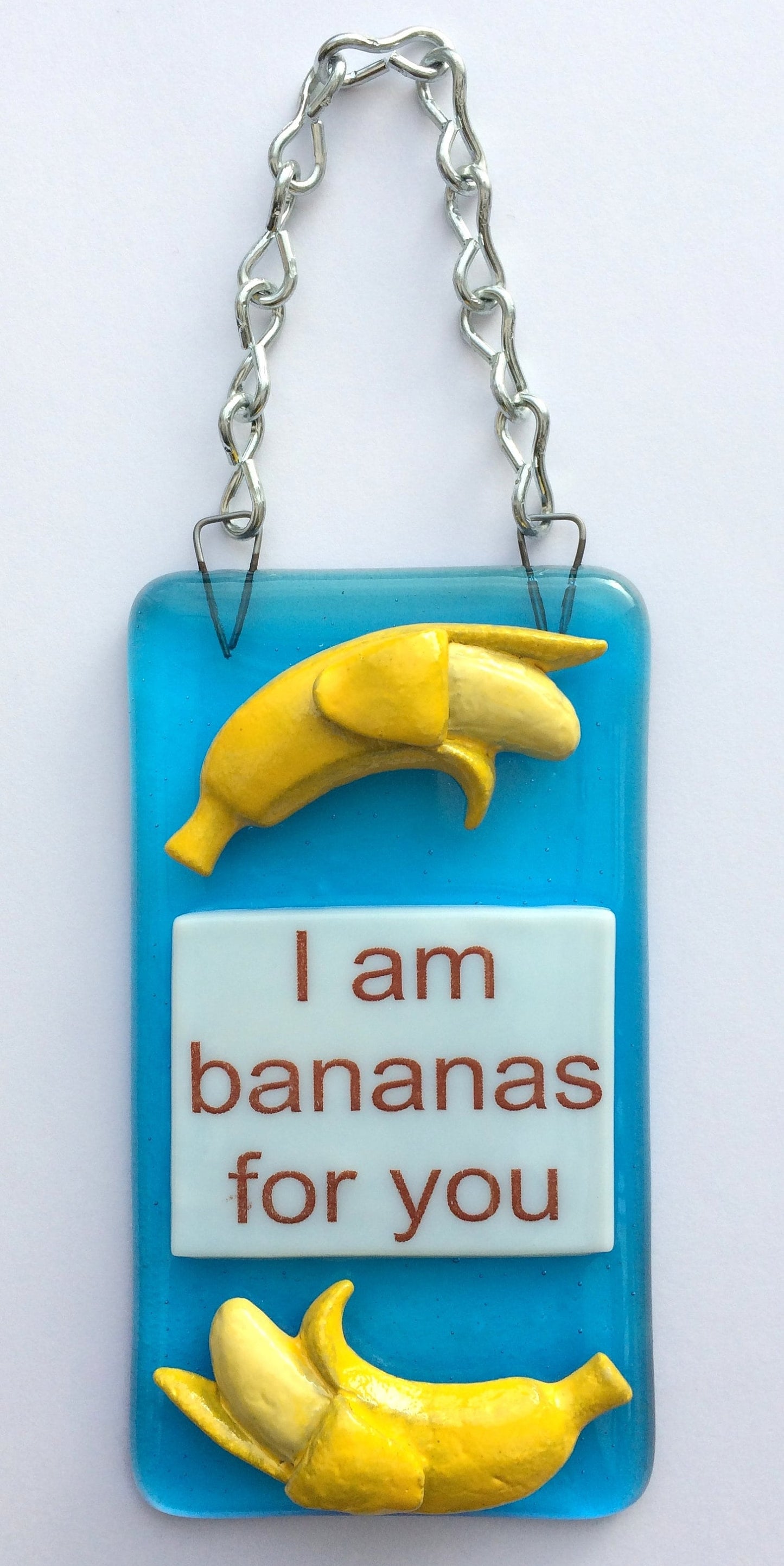 Handmade fused glass I Am Bananas For You Hanging Decoration. Valentine suncatcher gift. Romantic, love, message from the heart present. Girlfriend, boyfriend, partner, husband, wife.