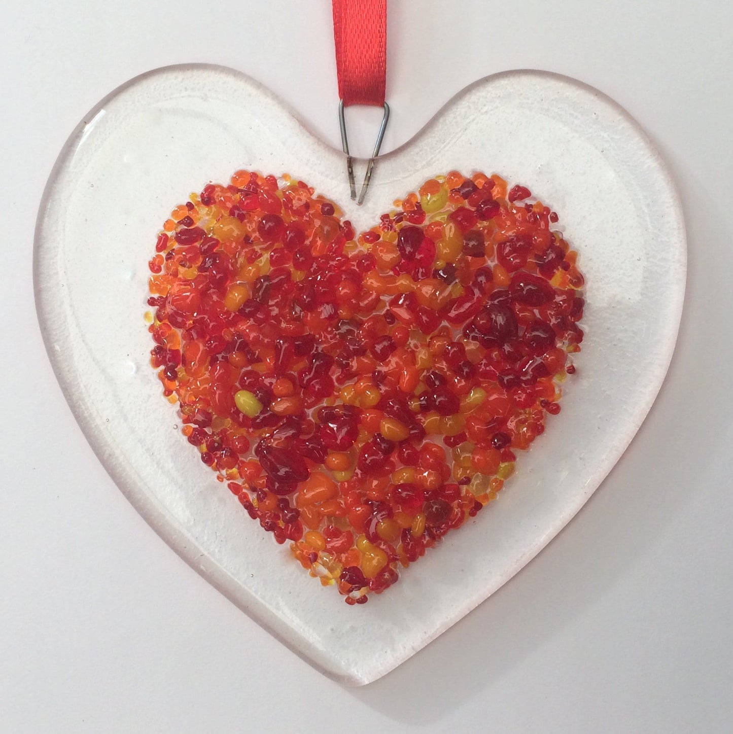 Handmade fused glass Red Pink Love Heart Hanging Decoration. Valentine suncatcher gift. Romantic, love, message from the heart present. Girlfriend, boyfriend, partner, husband, wife, Mum, friend.