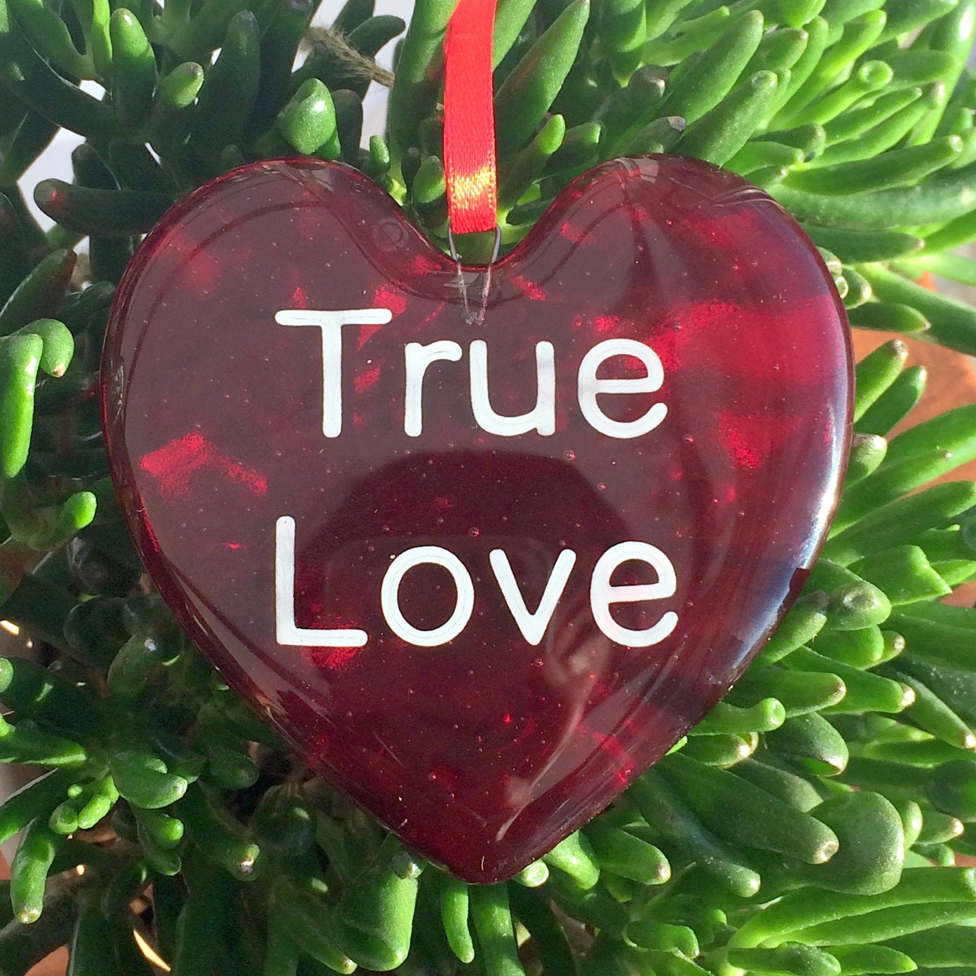 Handmade fused glass Red Personalised Love Heart Hanging Decoration. Hand painted design. Valentine suncatcher gift. Romantic, love, message from the heart present. Girlfriend, boyfriend, partner, husband, wife, Mum, friend.