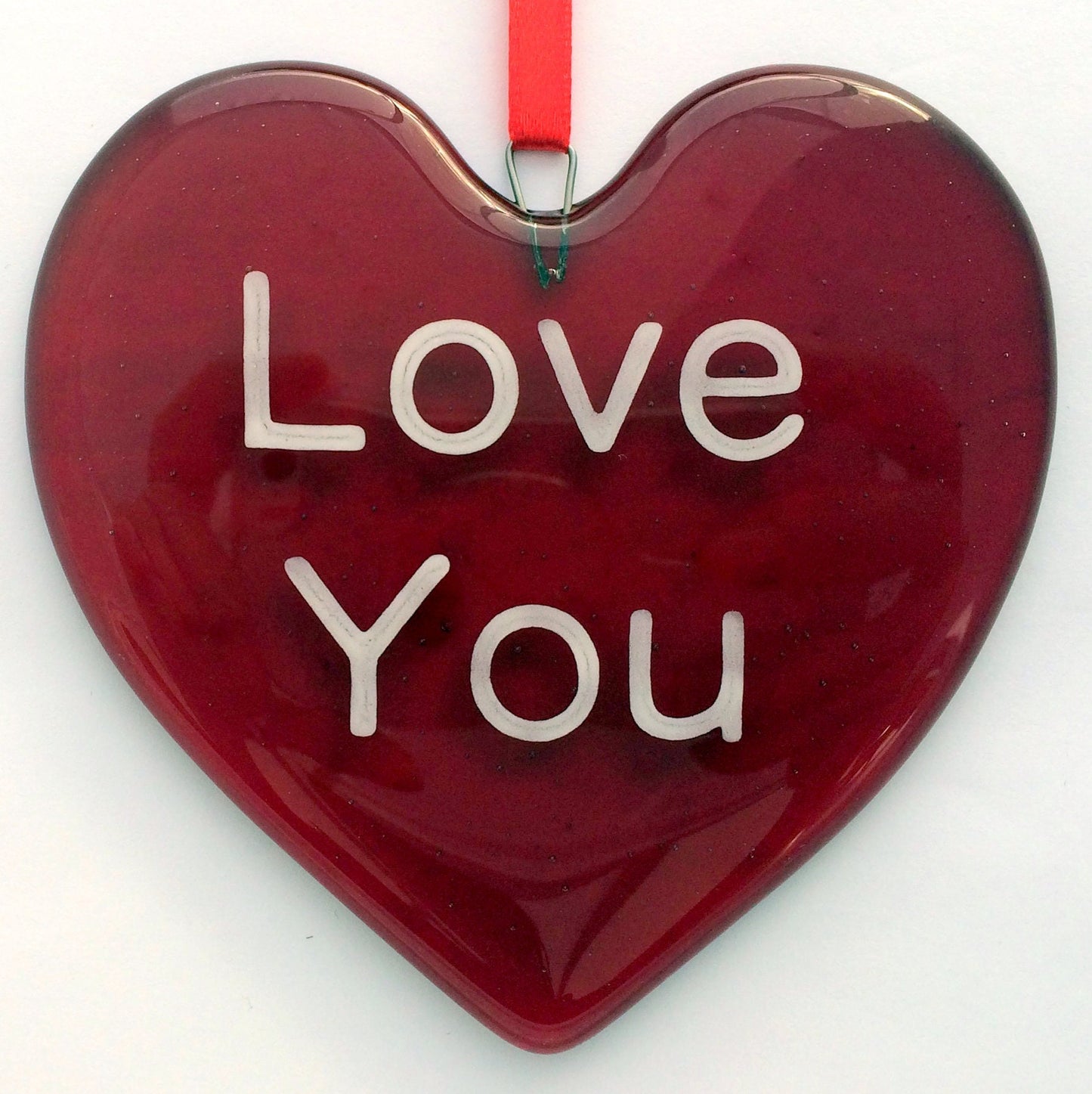 Handmade fused glass Red Personalised Love Heart Hanging Decoration. Hand painted design. Valentine suncatcher gift. Romantic, love, message from the heart present. Girlfriend, boyfriend, partner, husband, wife, Mum, friend.