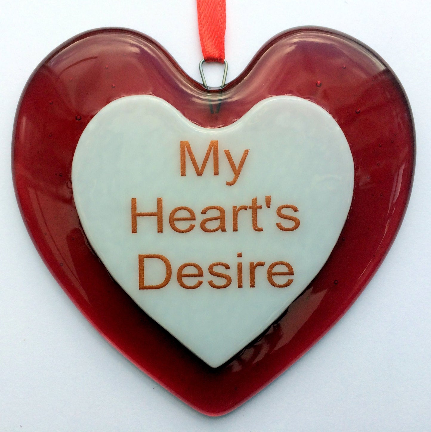 Handmade fused glass Red Personalised Love Heart Hanging Decoration. Valentine suncatcher gift. Romantic, love, message from the heart present. Girlfriend, boyfriend, partner, husband, wife, Mum, friend.