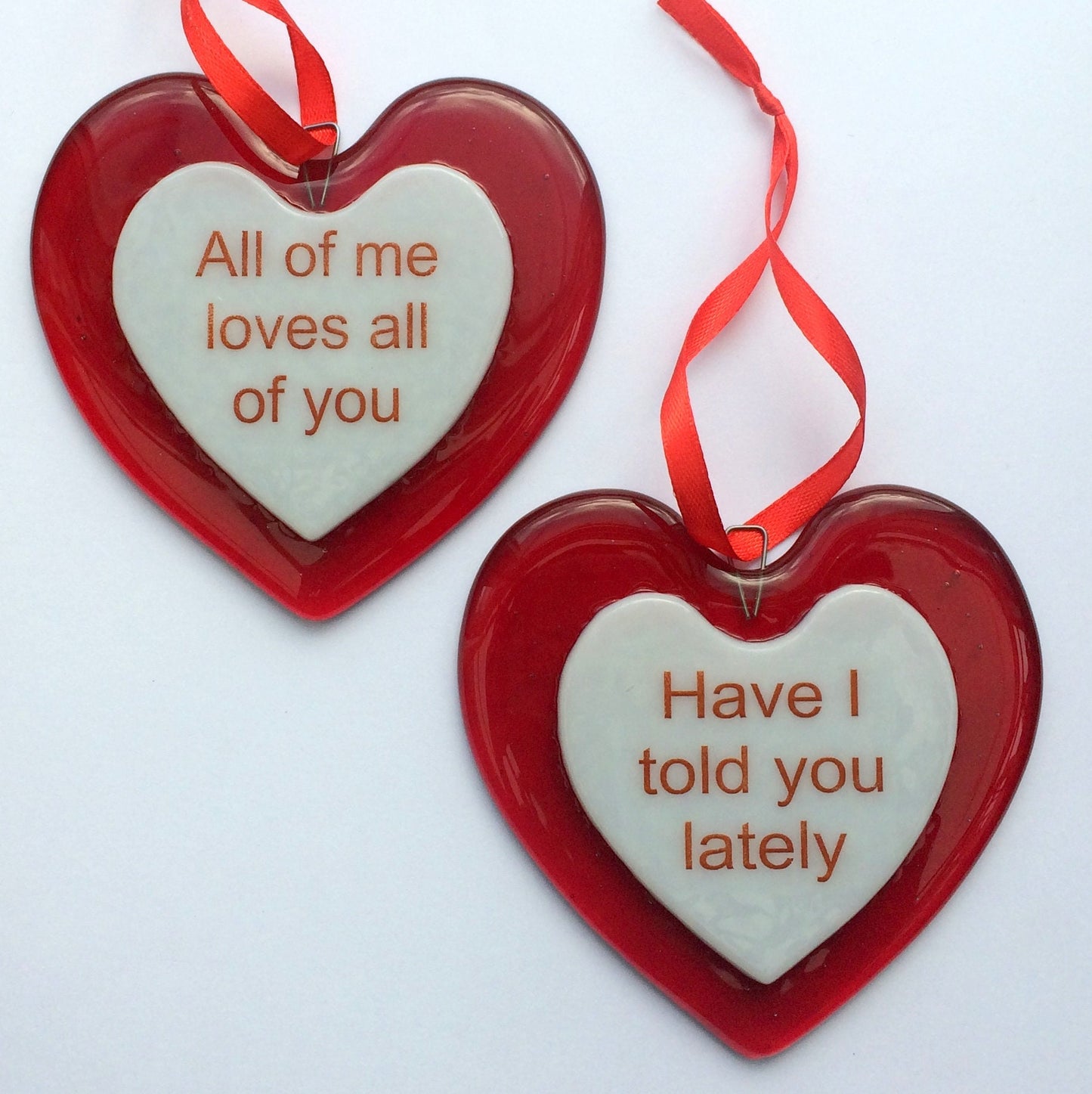 Handmade fused glass Red Personalised Love Heart Hanging Decoration. Valentine suncatcher gift. Romantic, love, message from the heart present. Girlfriend, boyfriend, partner, husband, wife, Mum, friend.