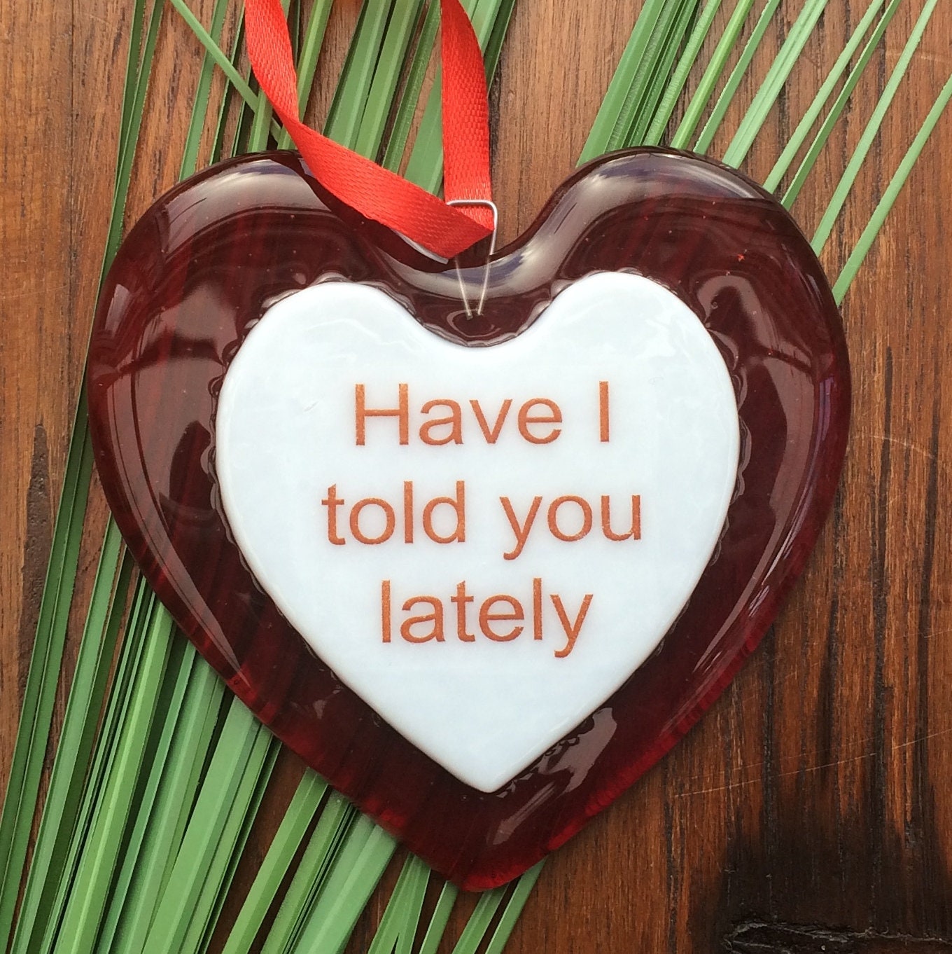 Handmade fused glass Red Personalised Love Heart Hanging Decoration. Valentine suncatcher gift. Romantic, love, message from the heart present. Girlfriend, boyfriend, partner, husband, wife, Mum, friend.