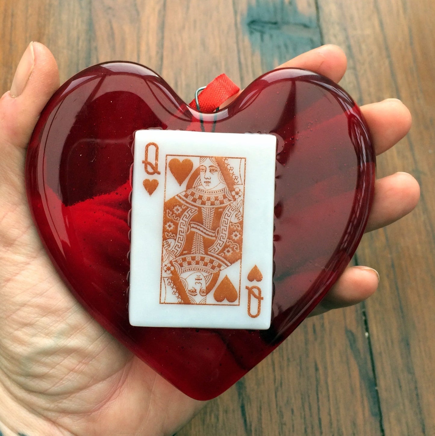 Handmade fused glass Red King / Queen Of Hearts / Diamonds Hanging Decoration. Valentine suncatcher gift. Romantic, love, message from the heart present. Girlfriend, boyfriend, partner, husband, wife, Mum, Dad, friend. Playing card deck.