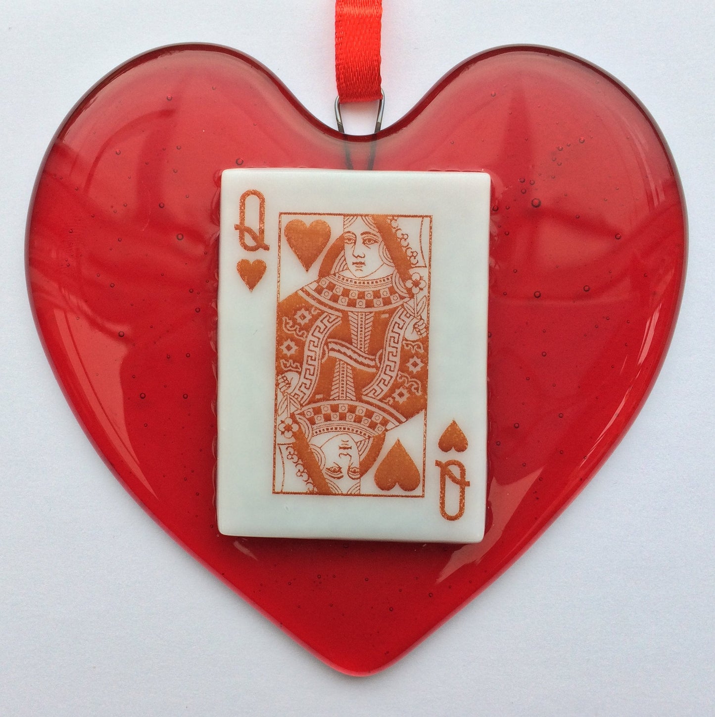 Handmade fused glass Red King / Queen Of Hearts / Diamonds Hanging Decoration. Valentine suncatcher gift. Romantic, love, message from the heart present. Girlfriend, boyfriend, partner, husband, wife, Mum, Dad, friend. Playing card deck.