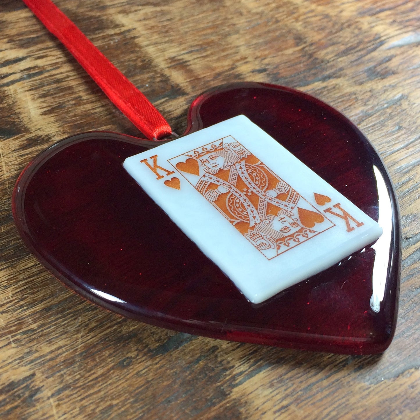 Handmade fused glass Red King / Queen Of Hearts / Diamonds Hanging Decoration. Valentine suncatcher gift. Romantic, love, message from the heart present. Girlfriend, boyfriend, partner, husband, wife, Mum, Dad, friend. Playing card deck.