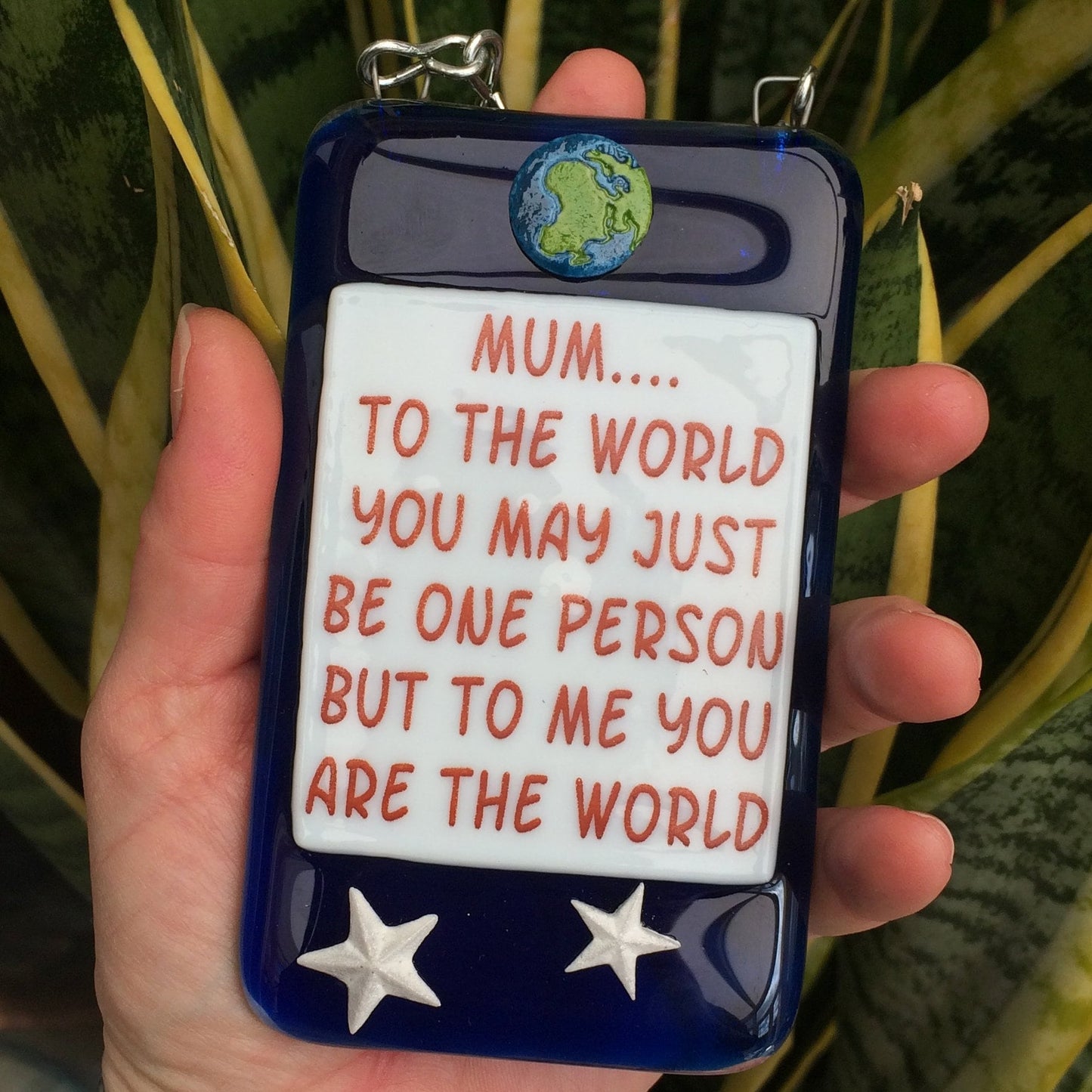 Handmade fused glass Mum You Mean The World To Me hanging picture decoration. Suncatcher, Mothers day present, gift for Mum, Dad, Nan, Grandmother. Planet and Stars.