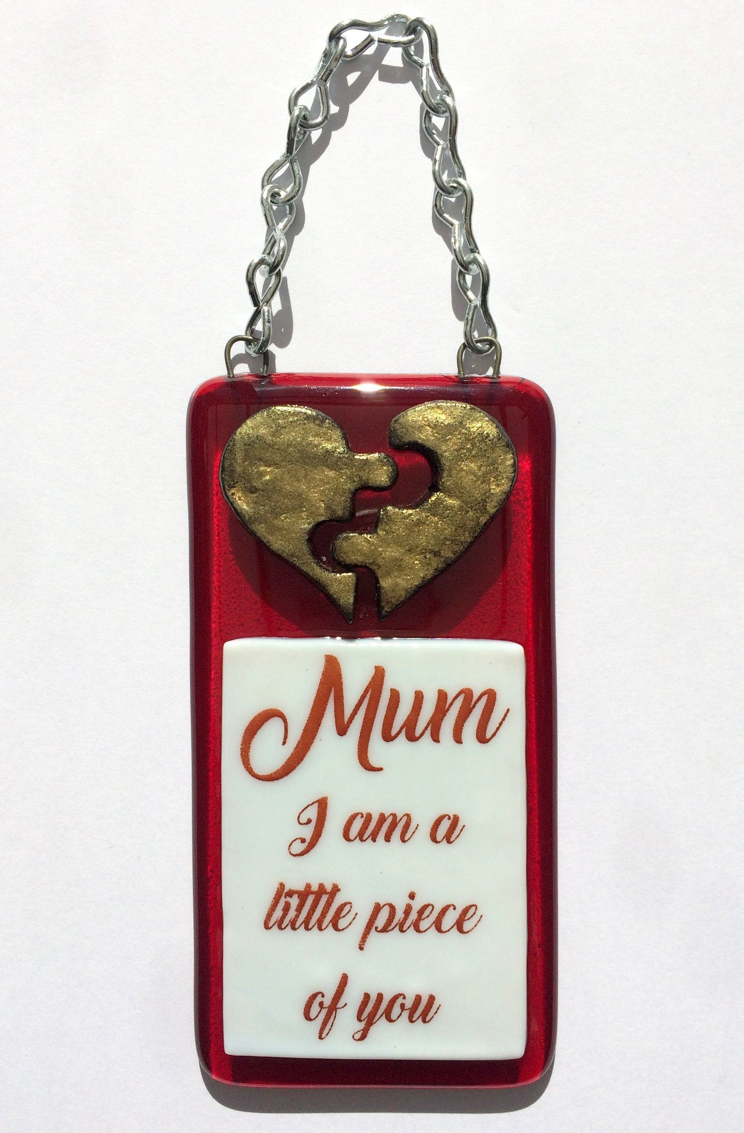 Handmade fused glass 3D Mum I Am A Piece Of You hanging picture decoration. Suncatcher, Mothers day present, gift for Mum, Dad, Nan, Grandmother. Jigsaw love heart.
