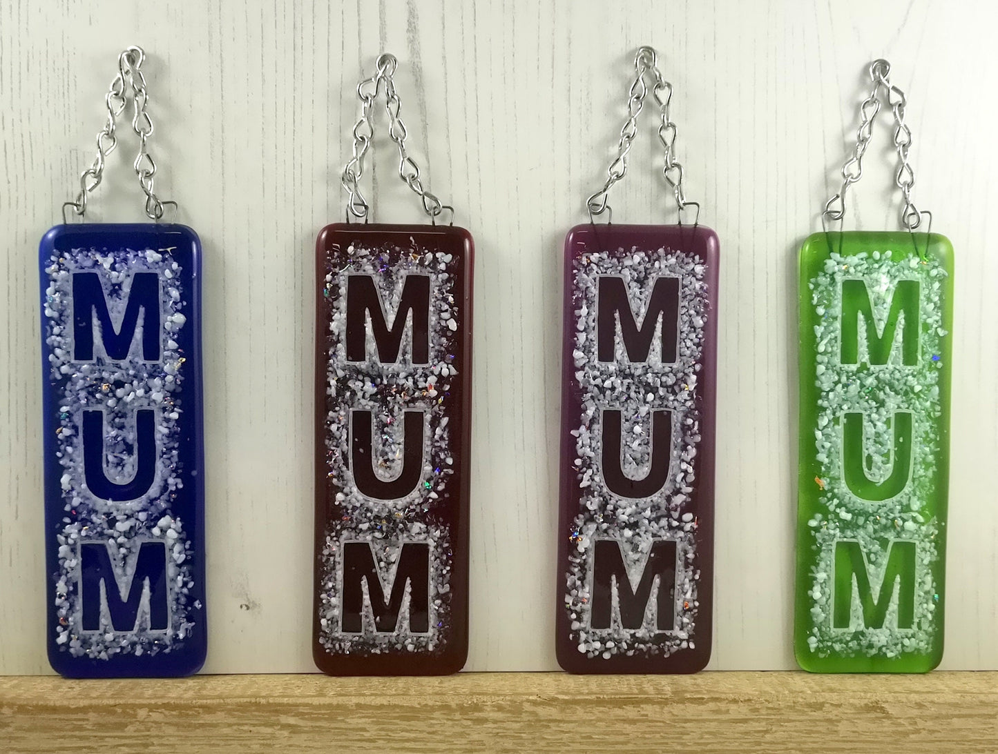 Handmade fused glass Mum suncatcher, colourful dichroic glass hanging picture decoration. Mothers day present, gift for Mum, Nan, Grandmother.