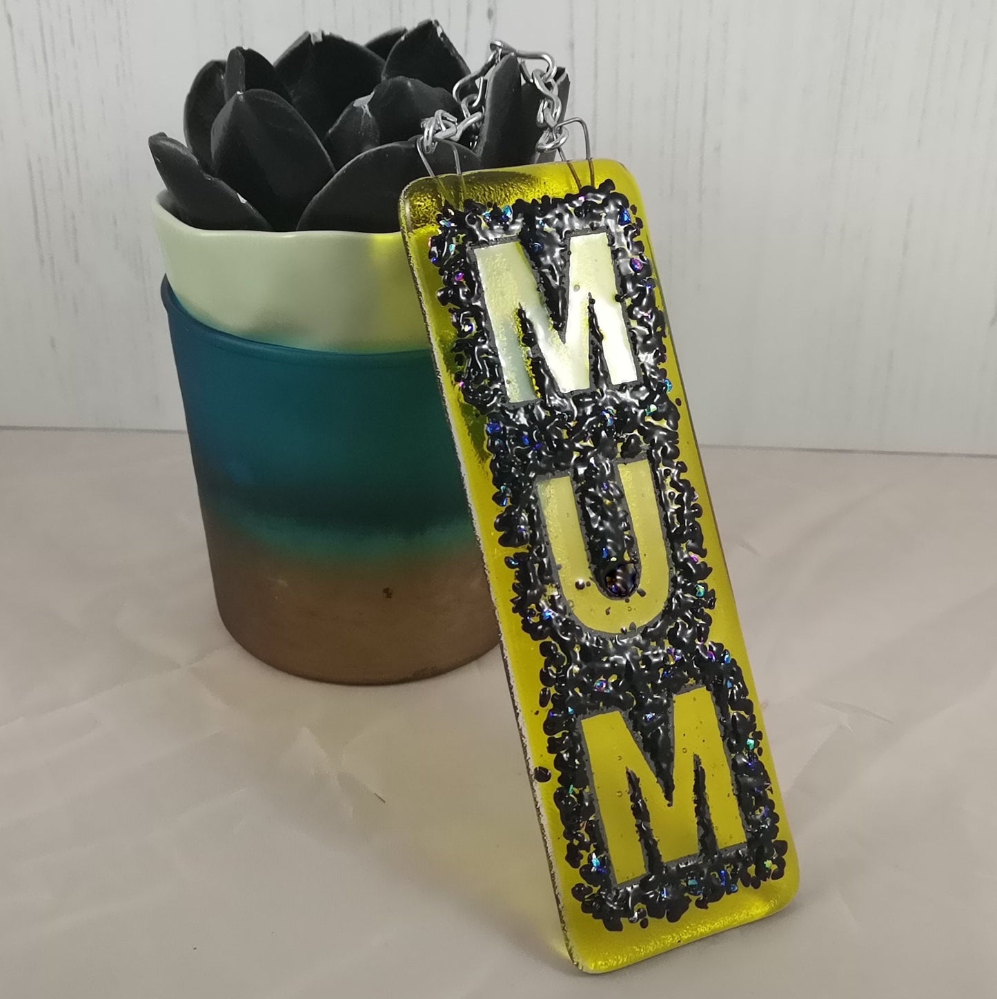 Handmade fused glass Mum suncatcher, colourful dichroic glass hanging picture decoration. Mothers day present, gift for Mum, Nan, Grandmother.