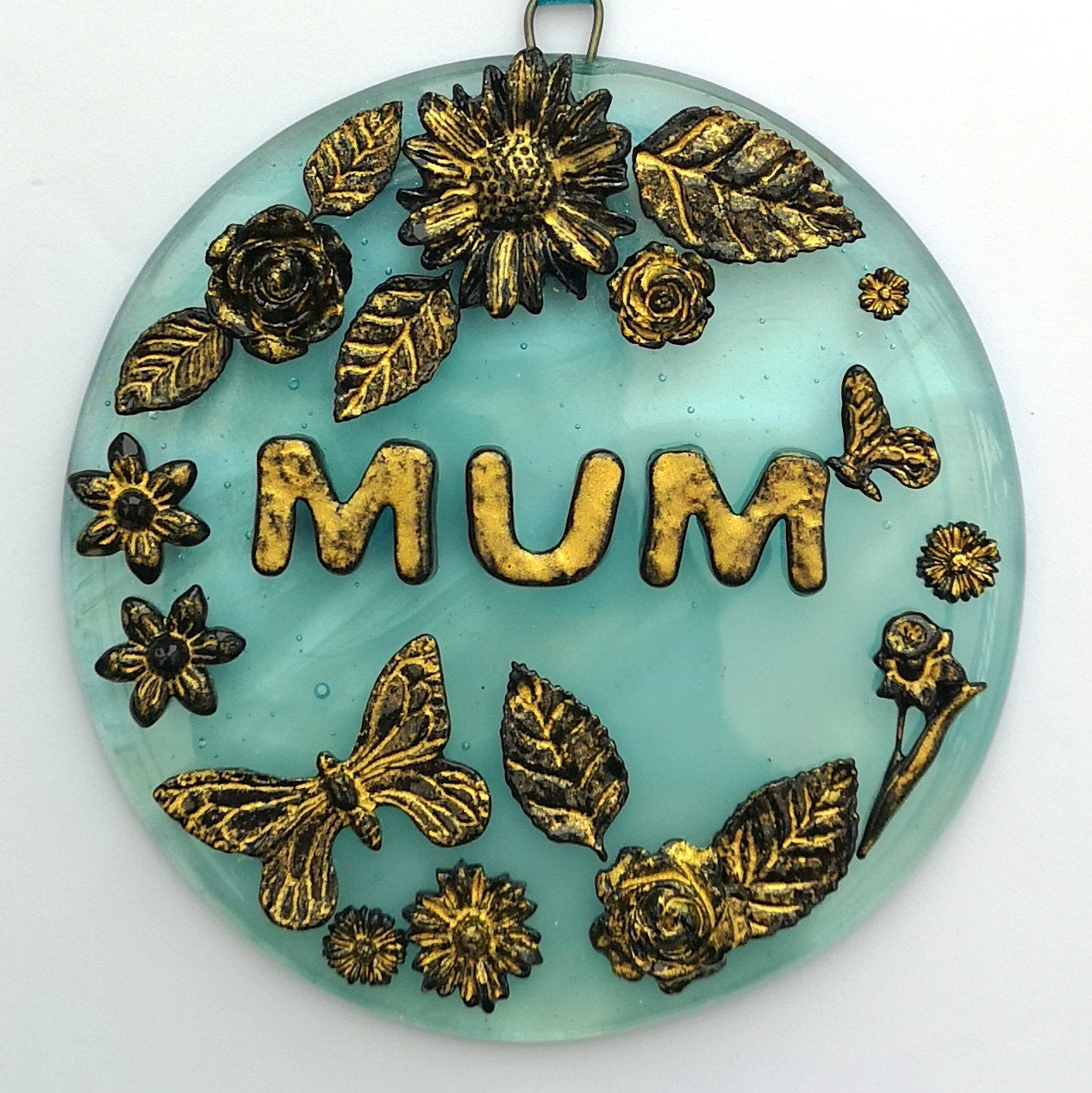Handmade fused glass 3D Mum hanging picture decoration. Suncatcher, Mothers day present, gift for Mum, Nan, Grandmother. Flowers, butterfly.