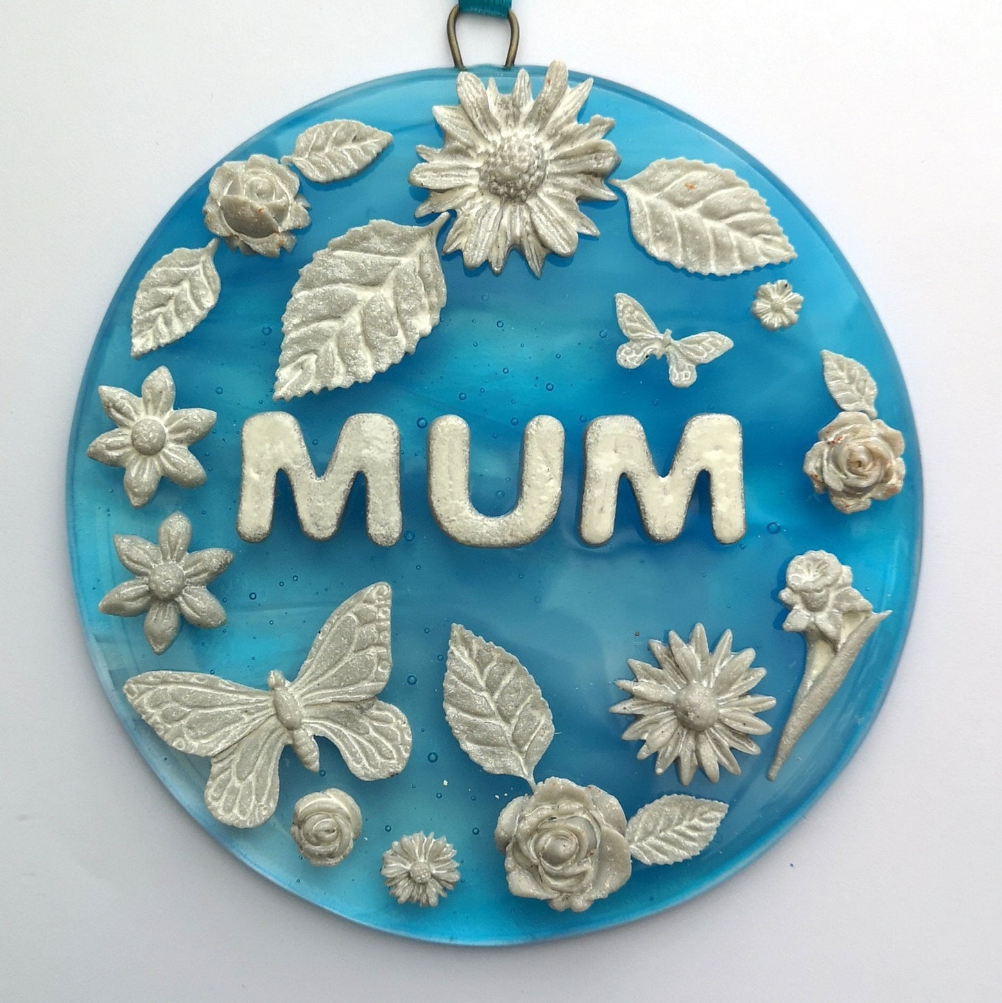 Handmade fused glass 3D Mum hanging picture decoration. Suncatcher, Mothers day present, gift for Mum, Nan, Grandmother. Flowers, butterfly.