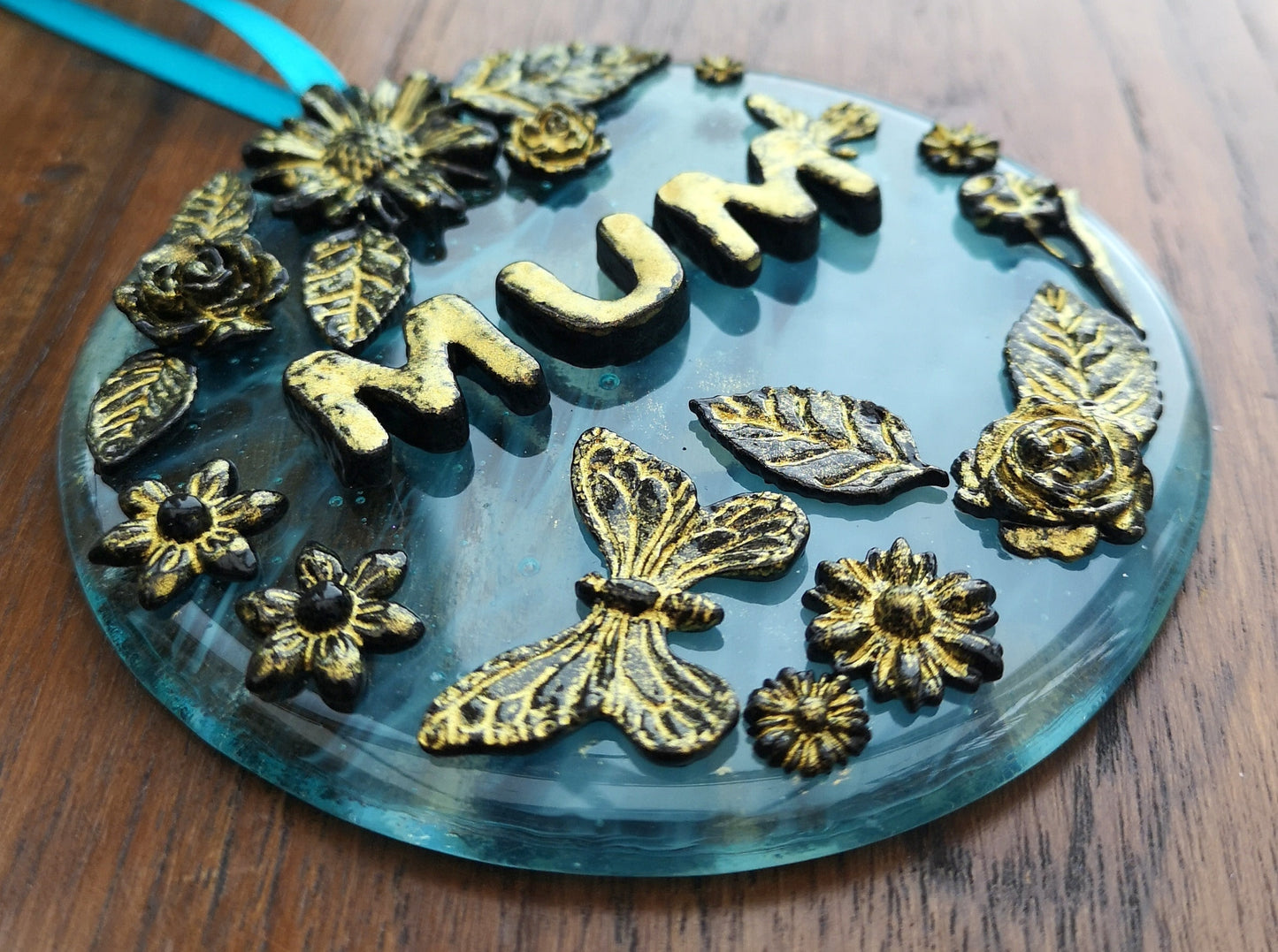 Handmade fused glass 3D Mum hanging picture decoration. Suncatcher, Mothers day present, gift for Mum, Nan, Grandmother. Flowers, butterfly.
