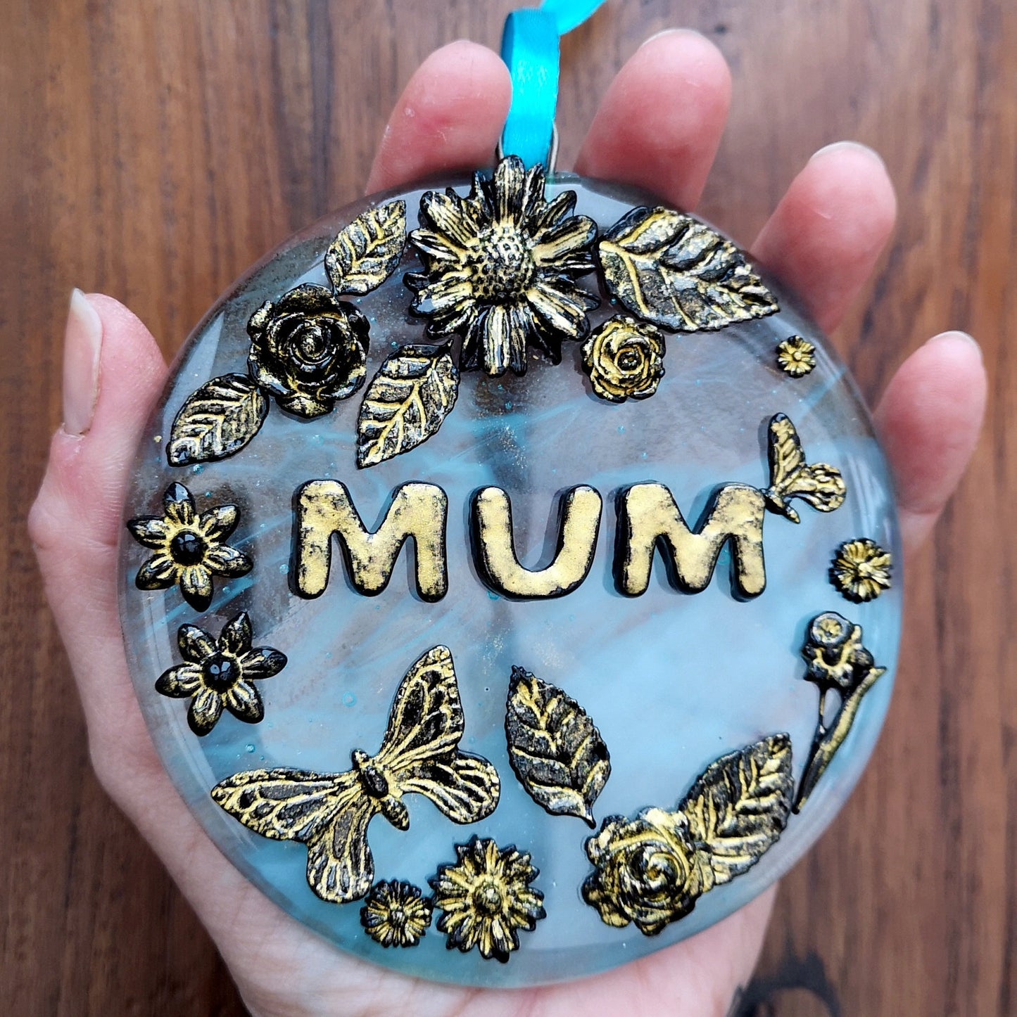Handmade fused glass 3D Mum hanging picture decoration. Suncatcher, Mothers day present, gift for Mum, Nan, Grandmother. Flowers, butterfly.