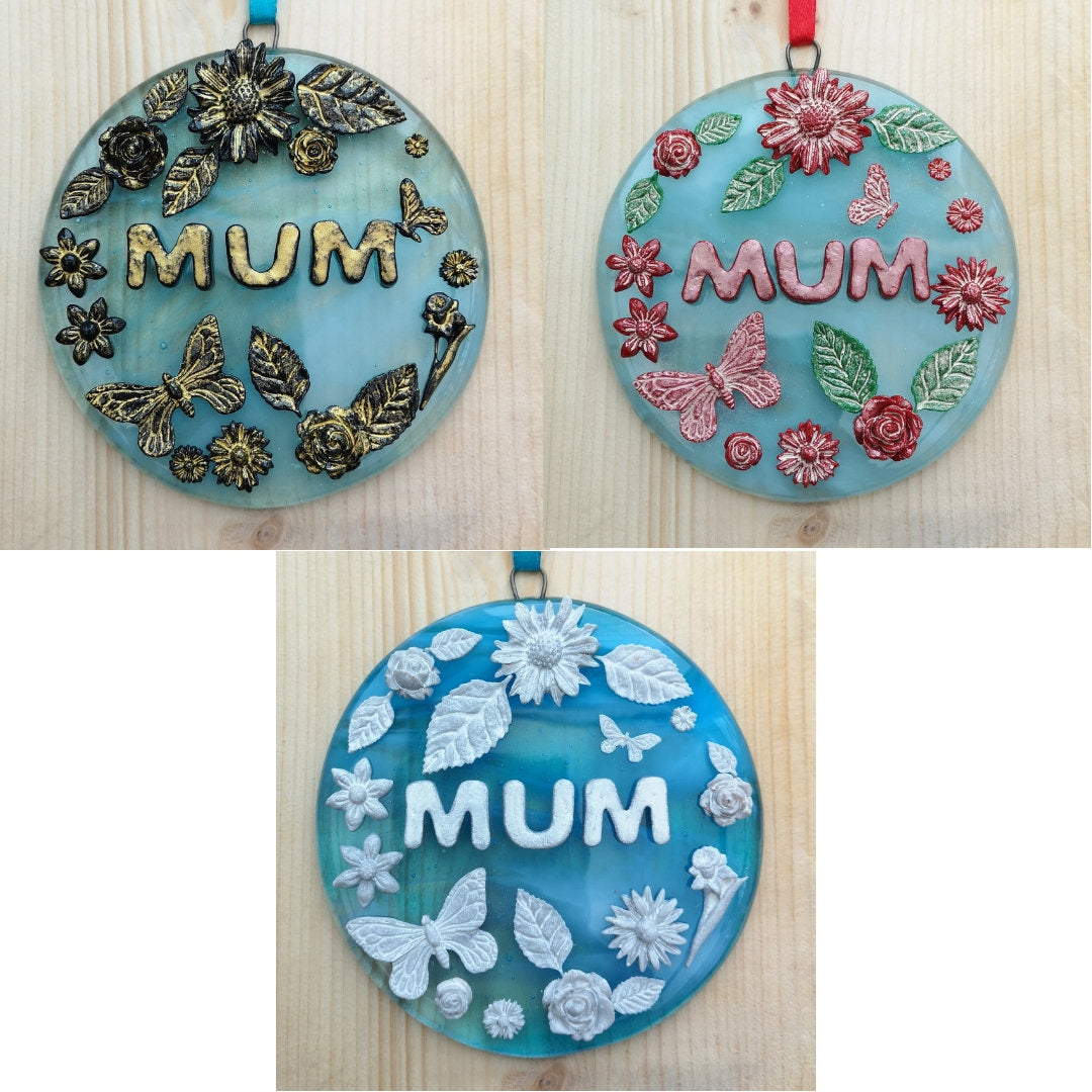 Handmade fused glass 3D Mum hanging picture decoration. Suncatcher, Mothers day present, gift for Mum, Nan, Grandmother. Flowers, butterfly.