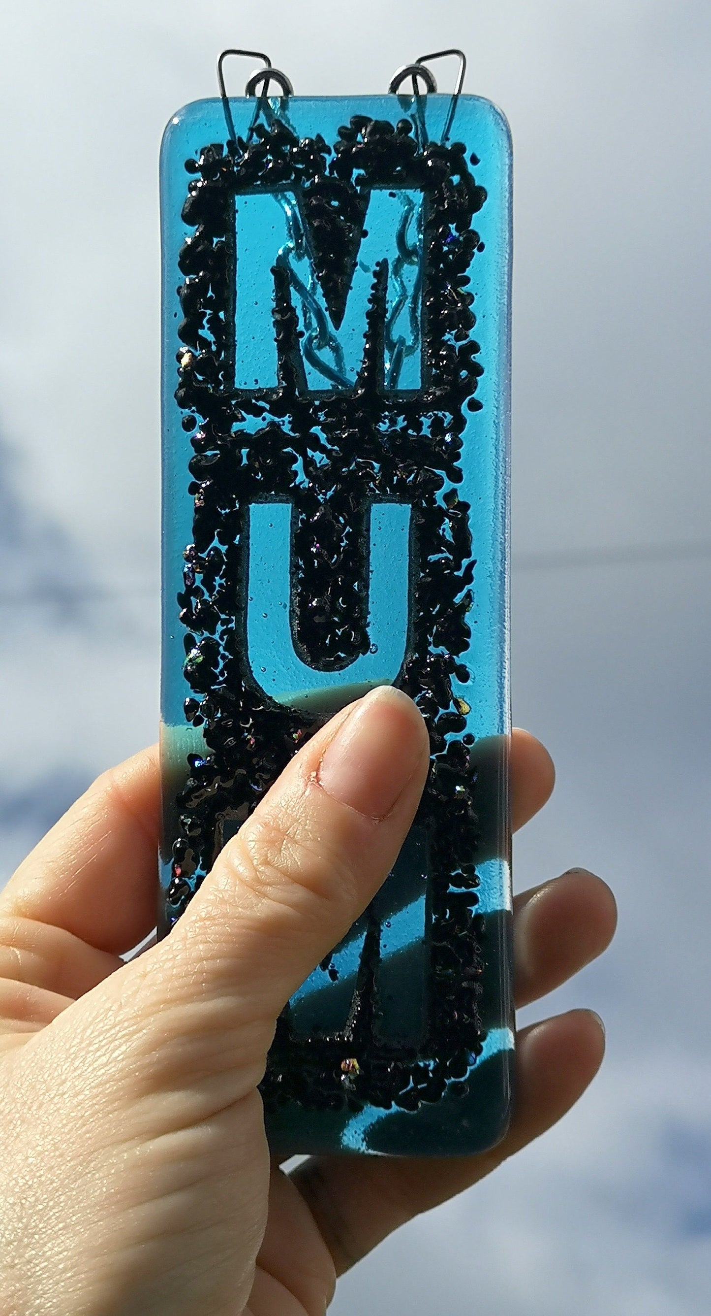Handmade fused glass Mum suncatcher, colourful dichroic glass hanging picture decoration. Mothers day present, gift for Mum, Nan, Grandmother.