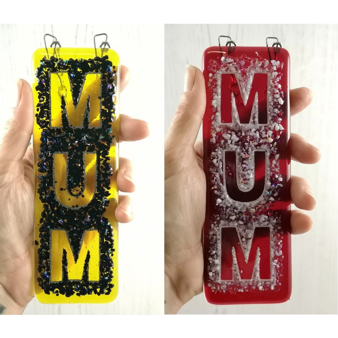 Handmade fused glass Mum suncatcher, colourful dichroic glass hanging picture decoration. Mothers day present, gift for Mum, Nan, Grandmother.