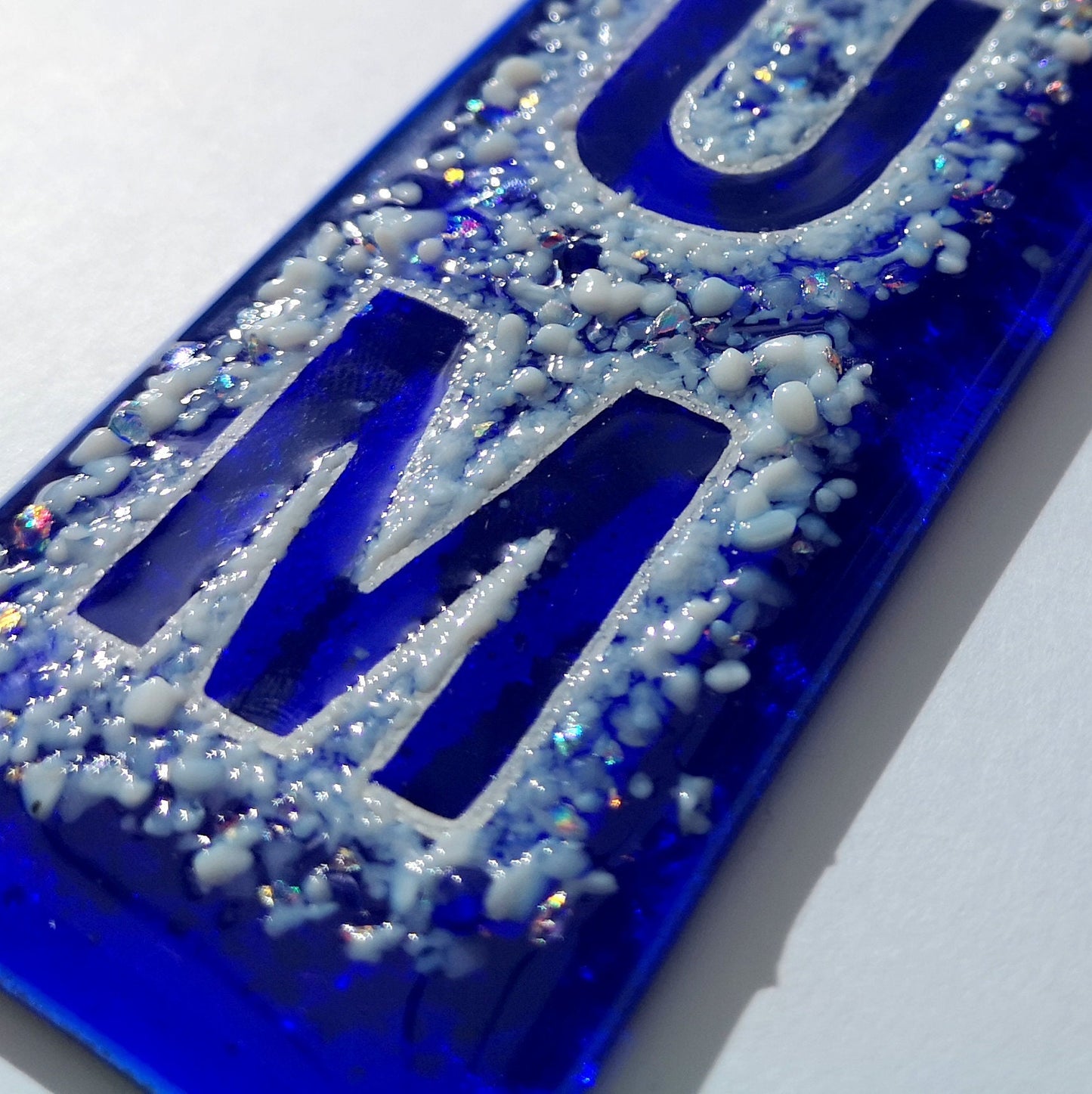 Handmade fused glass Mum suncatcher, colourful dichroic glass hanging picture decoration. Mothers day present, gift for Mum, Nan, Grandmother.