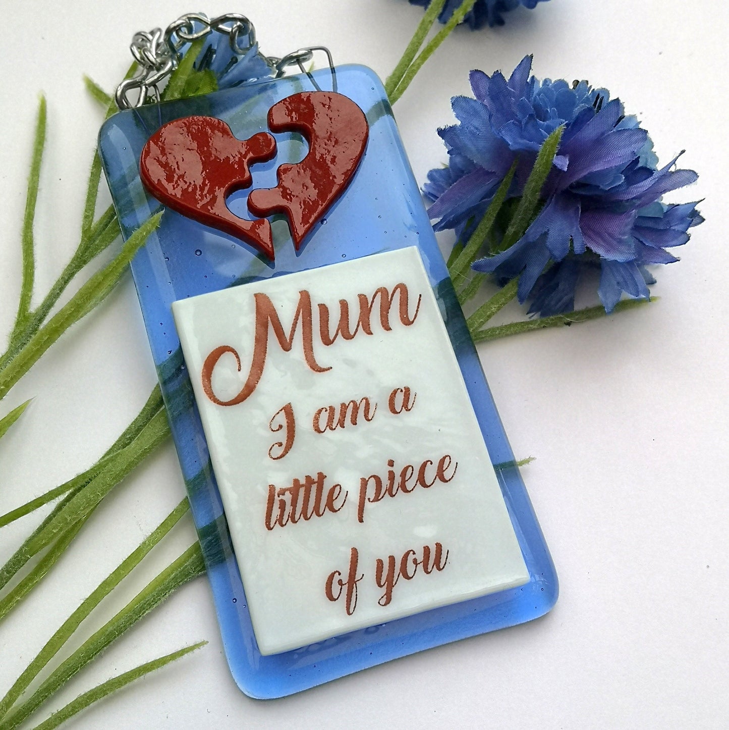Handmade fused glass 3D Mum I Am A Piece Of You hanging picture decoration. Suncatcher, Mothers day present, gift for Mum, Dad, Nan, Grandmother. Jigsaw love heart.