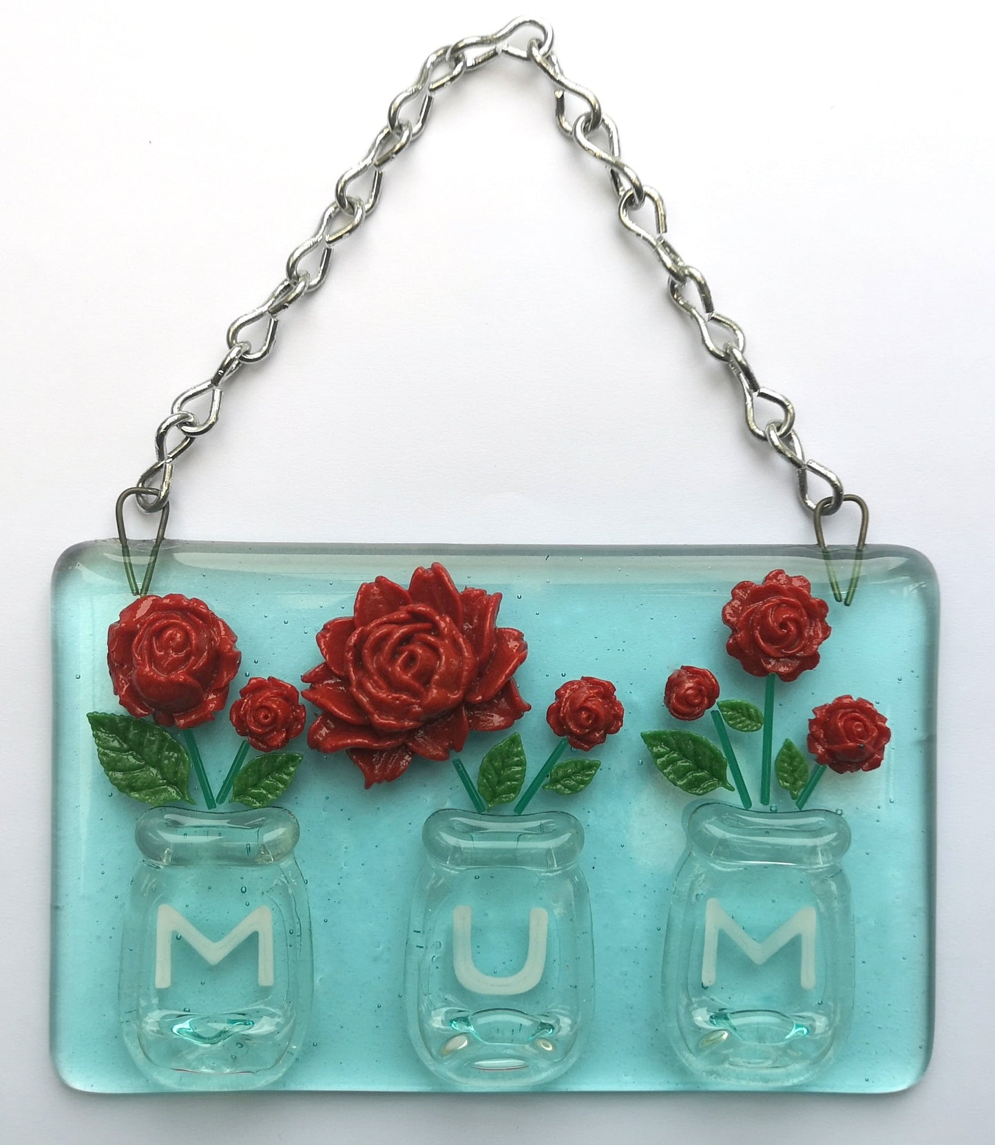 Handmade fused glass Mum on vase with roses hanging picture decoration. Suncatcher, Mothers day present, gift for Mum, Nan, Grandmother. Flower Pot Plant.
