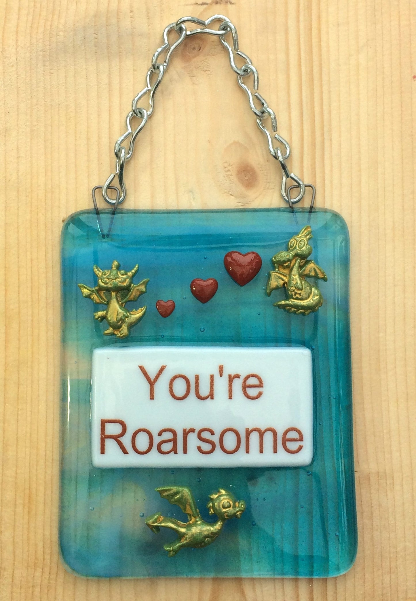 Handmade fused glass Awesome Roarsome Dragon Hanging Decoration. Valentine suncatcher gift. Romantic, love, message from the heart present. Girlfriend, boyfriend, partner, husband, wife.