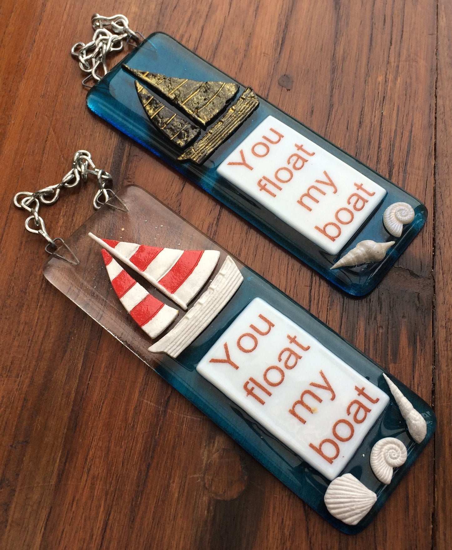 Handmade fused glass You Float My Boat Hanging Decoration. Valentine suncatcher gift. Romantic, love, message from the heart present. Girlfriend, boyfriend, partner, husband, wife.