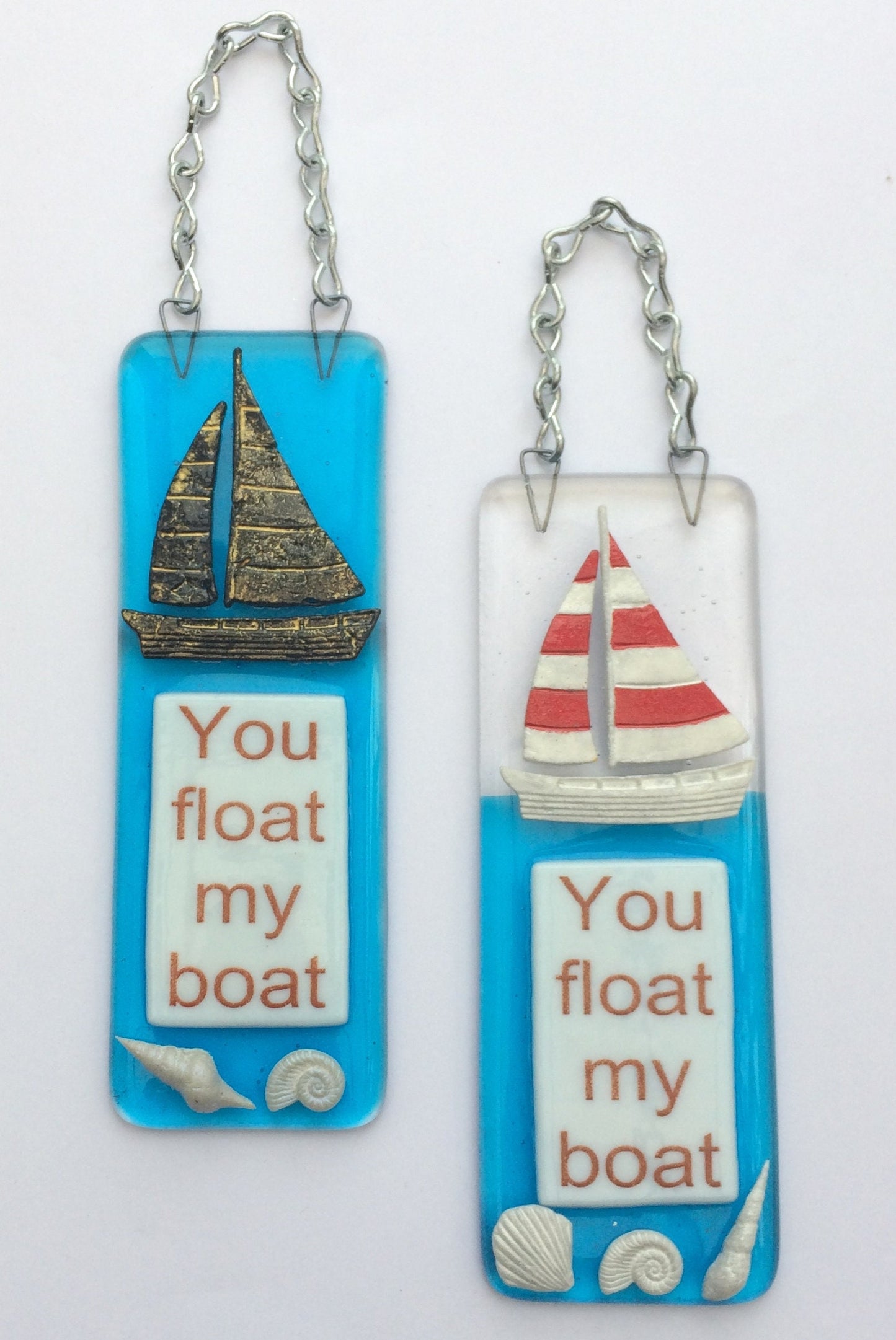 Handmade fused glass You Float My Boat Hanging Decoration. Valentine suncatcher gift. Romantic, love, message from the heart present. Girlfriend, boyfriend, partner, husband, wife.
