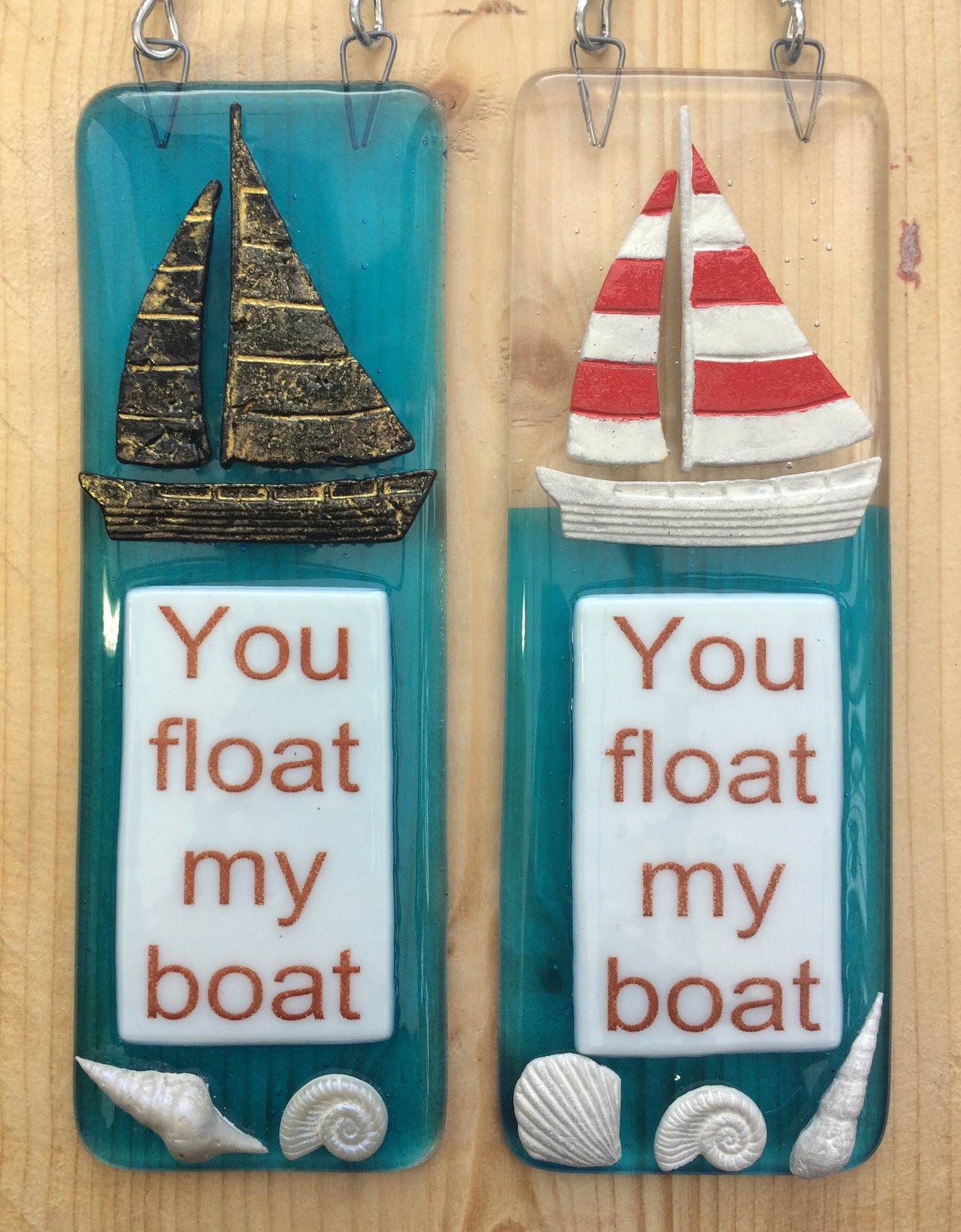 Handmade fused glass You Float My Boat Hanging Decoration. Valentine suncatcher gift. Romantic, love, message from the heart present. Girlfriend, boyfriend, partner, husband, wife.