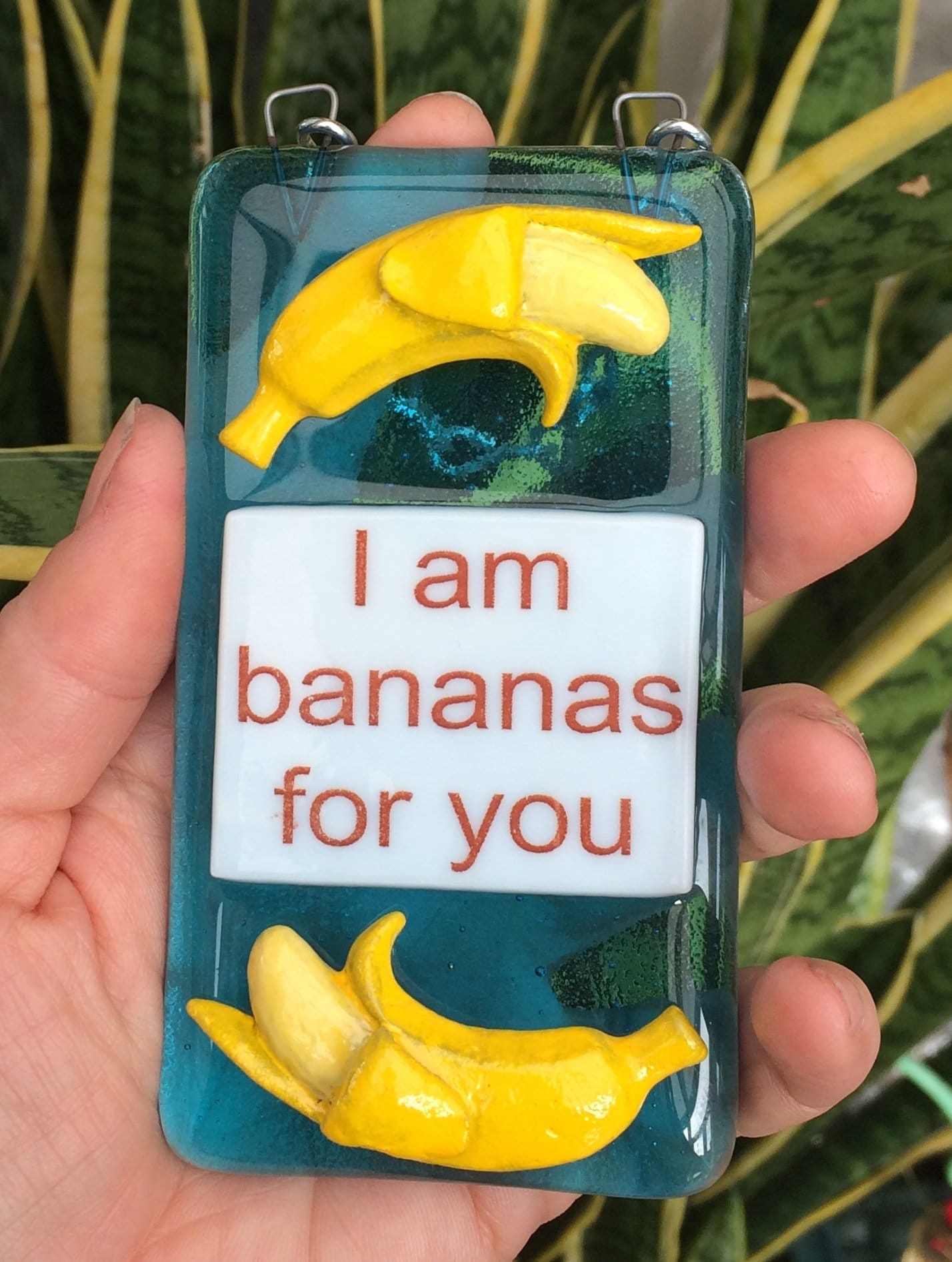 Handmade fused glass I Am Bananas For You Hanging Decoration. Valentine suncatcher gift. Romantic, love, message from the heart present. Girlfriend, boyfriend, partner, husband, wife.
