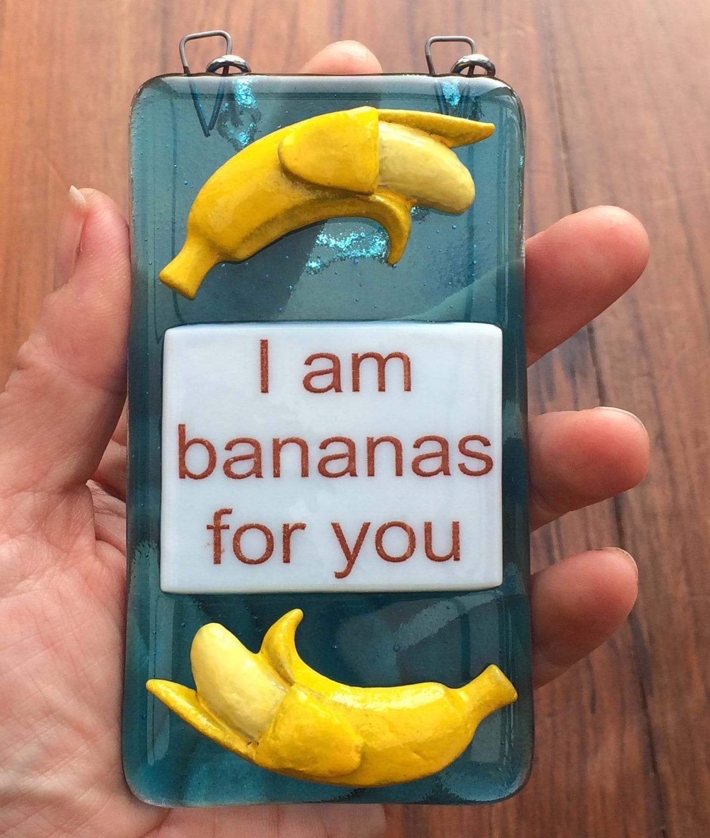 Handmade fused glass I Am Bananas For You Hanging Decoration. Valentine suncatcher gift. Romantic, love, message from the heart present. Girlfriend, boyfriend, partner, husband, wife.