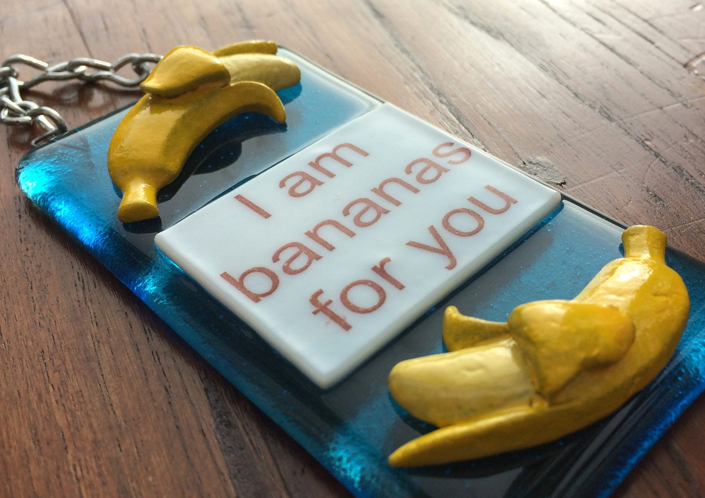 Handmade fused glass I Am Bananas For You Hanging Decoration. Valentine suncatcher gift. Romantic, love, message from the heart present. Girlfriend, boyfriend, partner, husband, wife.