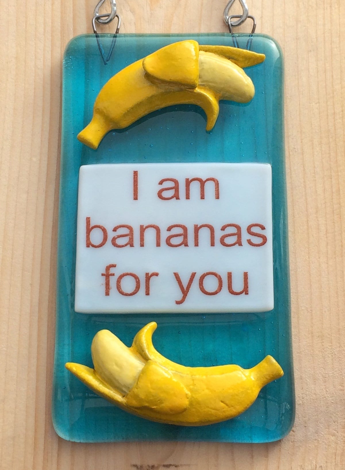 Handmade fused glass I Am Bananas For You Hanging Decoration. Valentine suncatcher gift. Romantic, love, message from the heart present. Girlfriend, boyfriend, partner, husband, wife.
