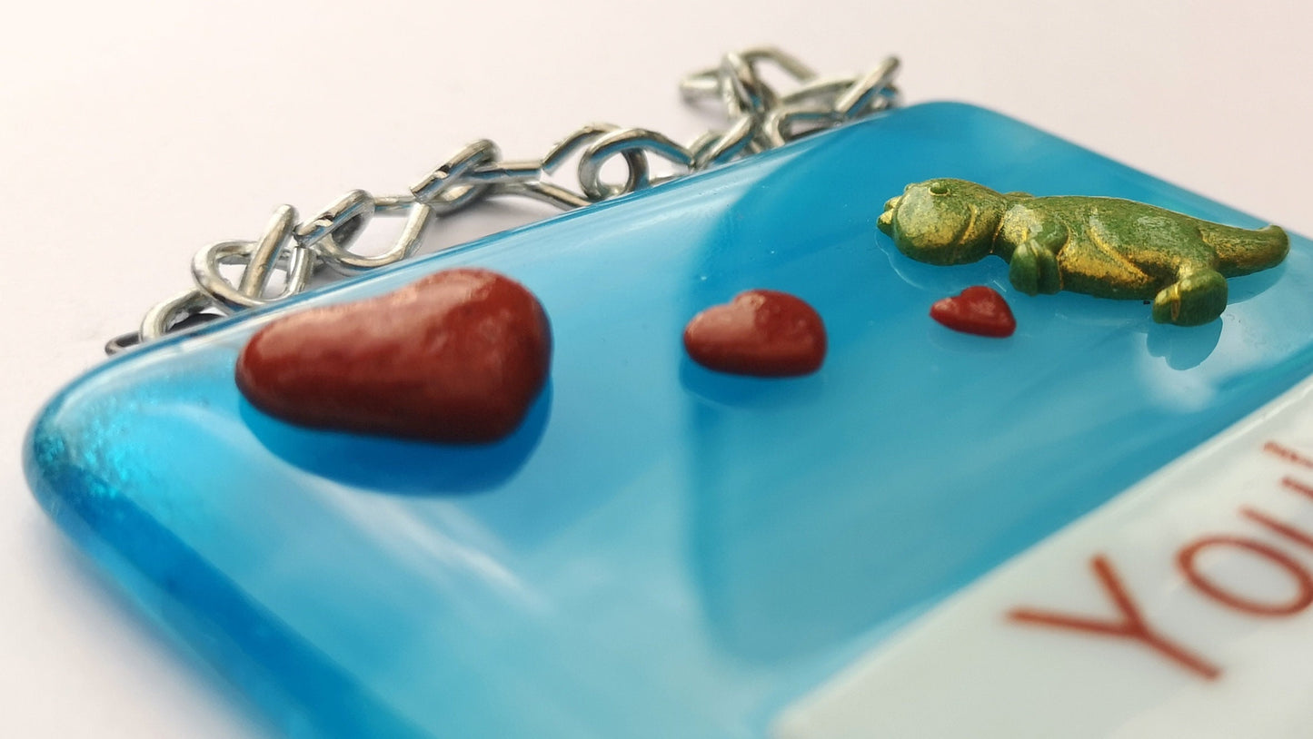 Handmade fused glass Awesome Roarsome Dinosaur Hanging Decoration. Valentine suncatcher gift. Romantic, love, message from the heart present. Girlfriend, boyfriend, partner, husband, wife.