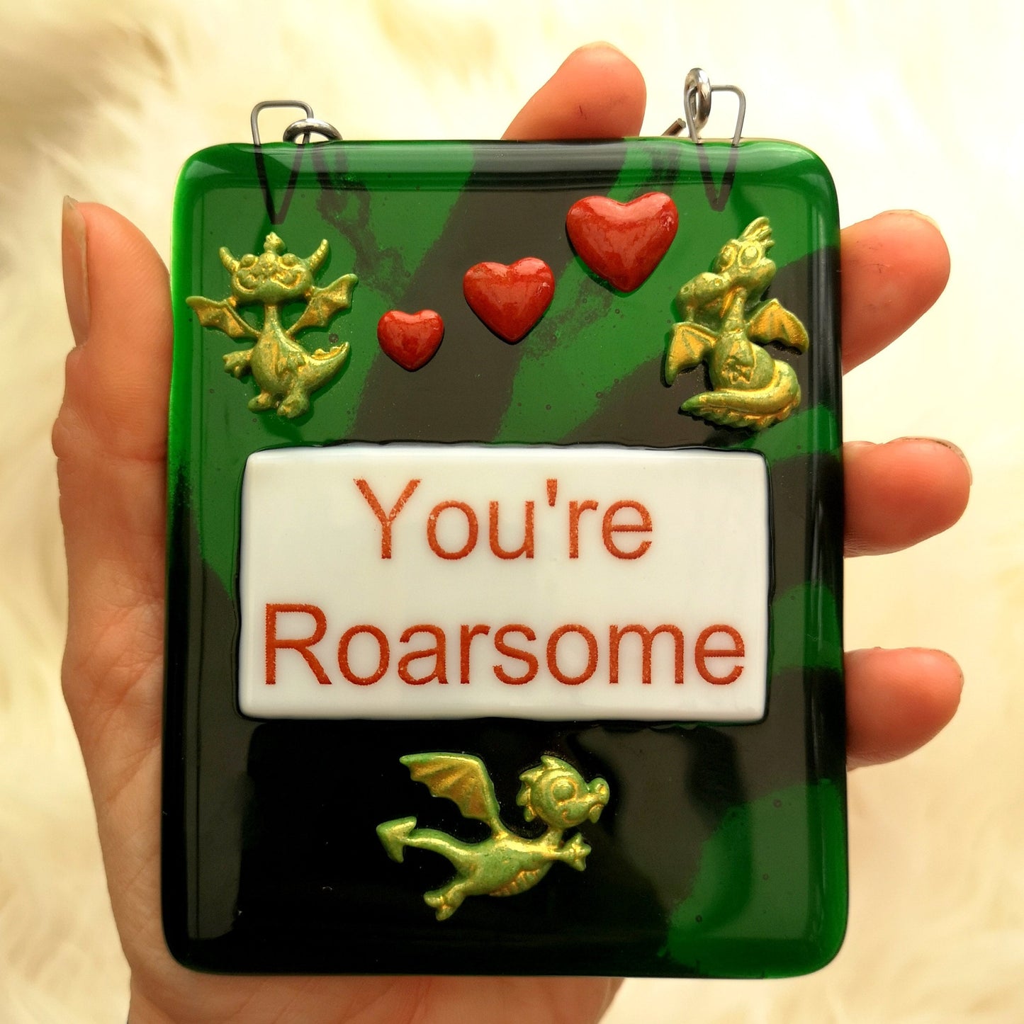 Handmade fused glass Awesome Roarsome Dragon Hanging Decoration. Valentine suncatcher gift. Romantic, love, message from the heart present. Girlfriend, boyfriend, partner, husband, wife.