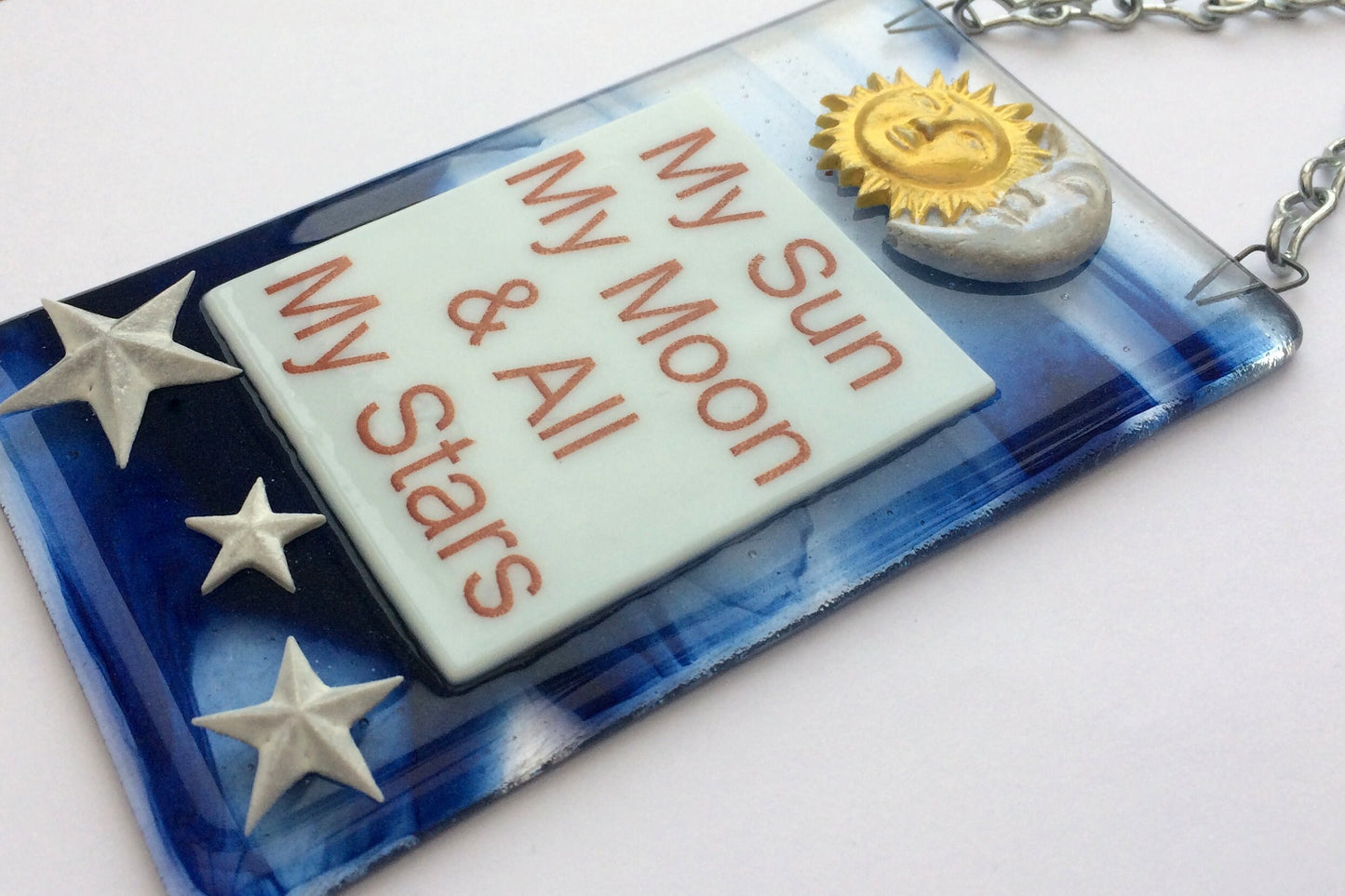 Handmade fused glass My Sun, My Moon, And All My Stars Hanging Decoration. Valentine suncatcher gift. Romantic, love, message from the heart present. Girlfriend, boyfriend, partner, husband, wife.
