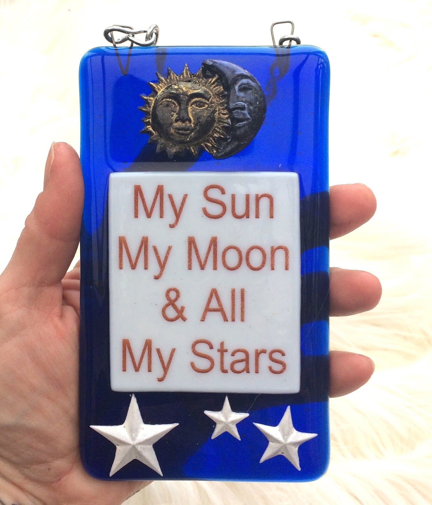 Handmade fused glass My Sun, My Moon, And All My Stars Hanging Decoration. Valentine suncatcher gift. Romantic, love, message from the heart present. Girlfriend, boyfriend, partner, husband, wife.
