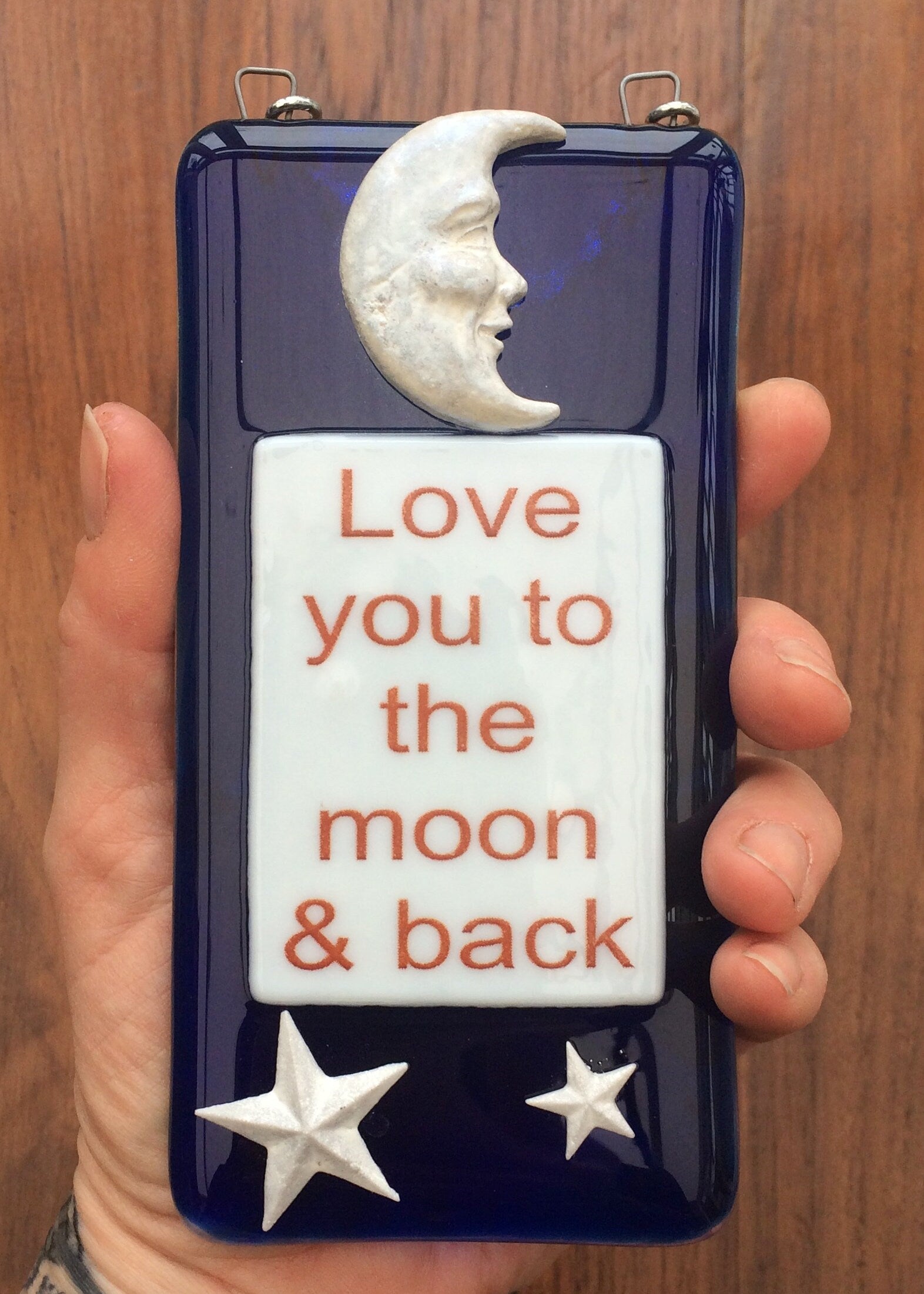 Handmade fused glass Love You To The Moon And Back Hanging Decoration. Valentine suncatcher gift. Moon and stars, romantic, love, message from the heart present. Girlfriend, boyfriend, partner, husband, wife.