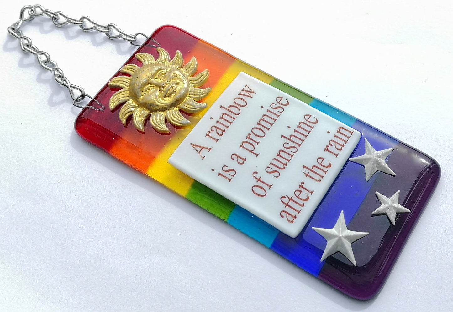 Handmade fused glass Rainbow Is A Promise Of Sunshine After The Rain hanging picture suncatcher. Inspirational gift, funny card, humorous quote plaque, positive message sign.