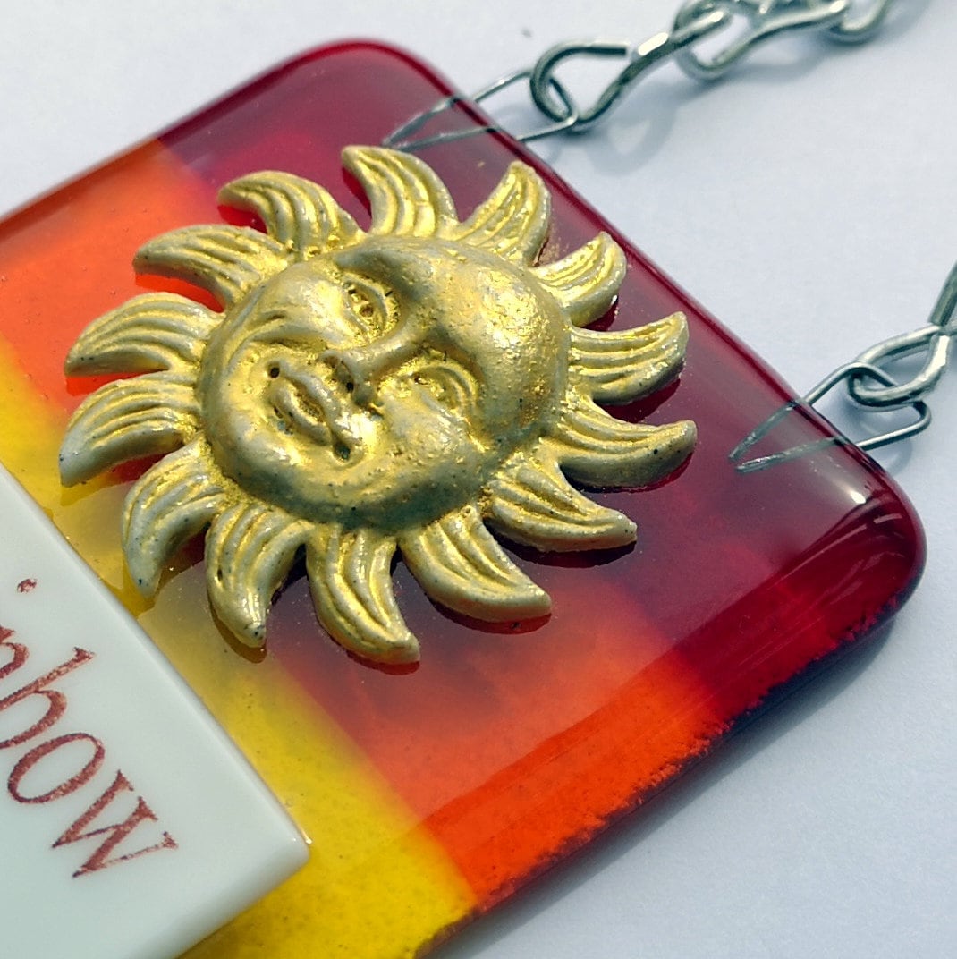 Handmade fused glass Rainbow Is A Promise Of Sunshine After The Rain hanging picture suncatcher. Inspirational gift, funny card, humorous quote plaque, positive message sign.