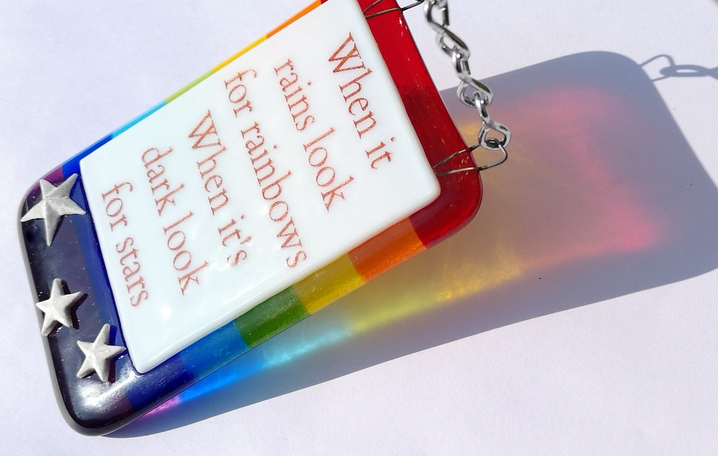 Handmade fused glass When Rains Look for Rainbows When Dark Look for Stars hanging picture suncatcher. Inspirational gift, funny card, humorous quote plaque, positive message sign.