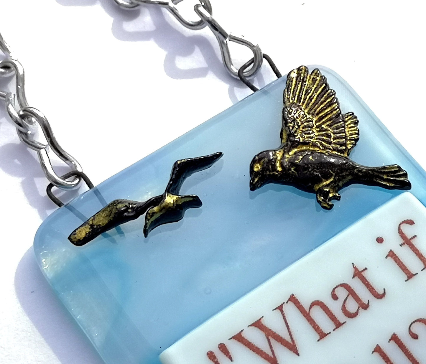 Handmade fused glass What If I Fall What If You Fly hanging picture suncatcher. Inspirational gift, funny card, humorous quote plaque, positive message sign.