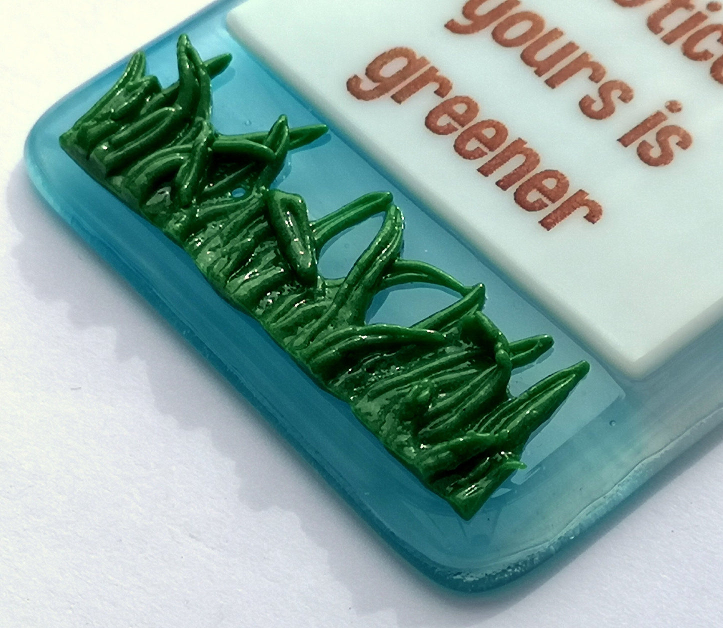 Handmade fused glass Busy Working On Own Grass To Notice If Yours Is Greener hanging picture suncatcher. Inspirational gift, funny card, humorous quote plaque, positive message sign.