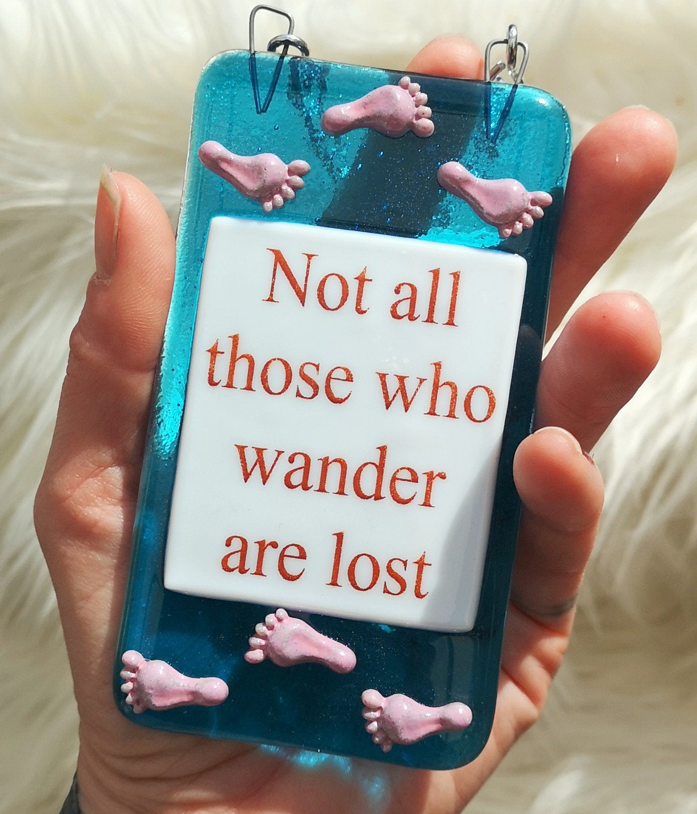 Handmade fused glass Not All Those Who Wander Are Lost hanging picture suncatcher. Inspirational gift, funny card, humorous quote plaque, positive message sign.