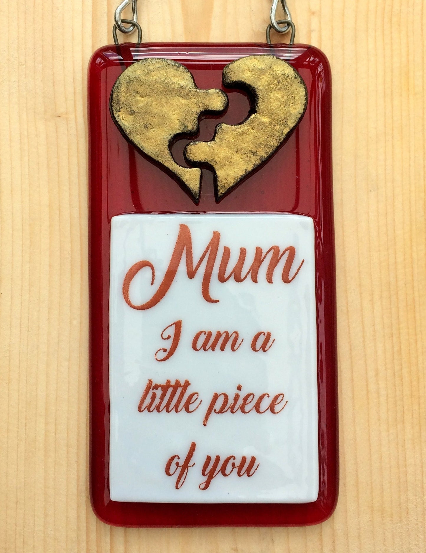 Handmade fused glass 3D Mum I Am A Piece Of You hanging picture decoration. Suncatcher, Mothers day present, gift for Mum, Dad, Nan, Grandmother. Jigsaw love heart.