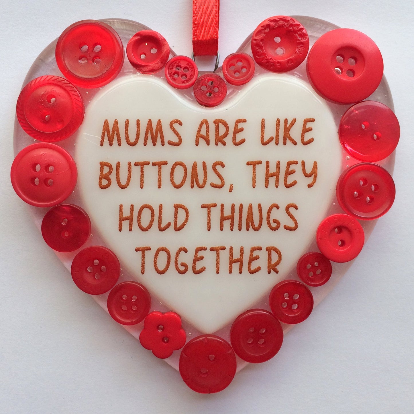 Handmade fused glass Mums Are Like Buttons, Mum in a love heart hanging picture decoration. Suncatcher, Mothers day present, gift for Mum, Nan, Grandmother.